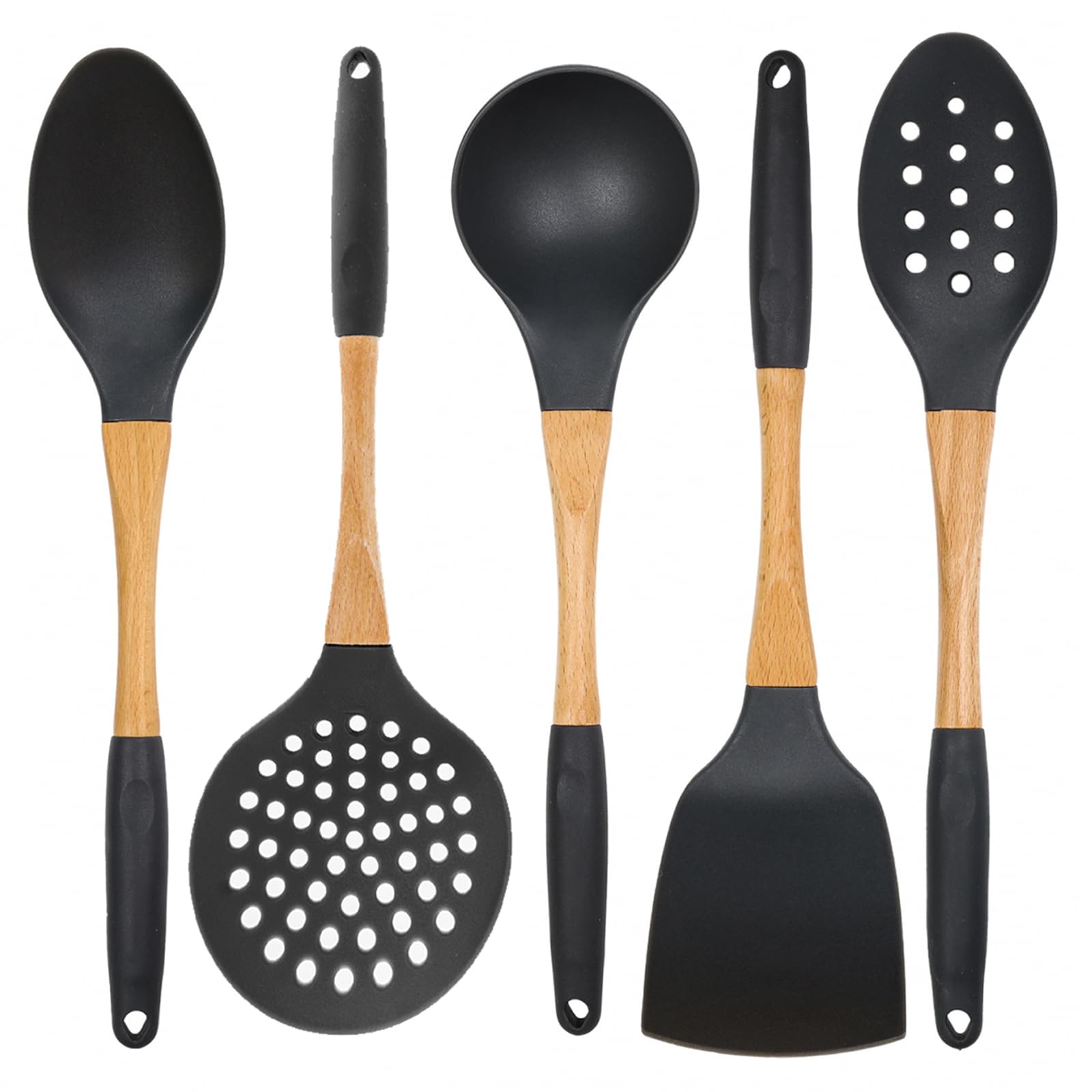 5pc Dark Grey Nylon Wooden Kitchen Utensils with Cooking Spoons