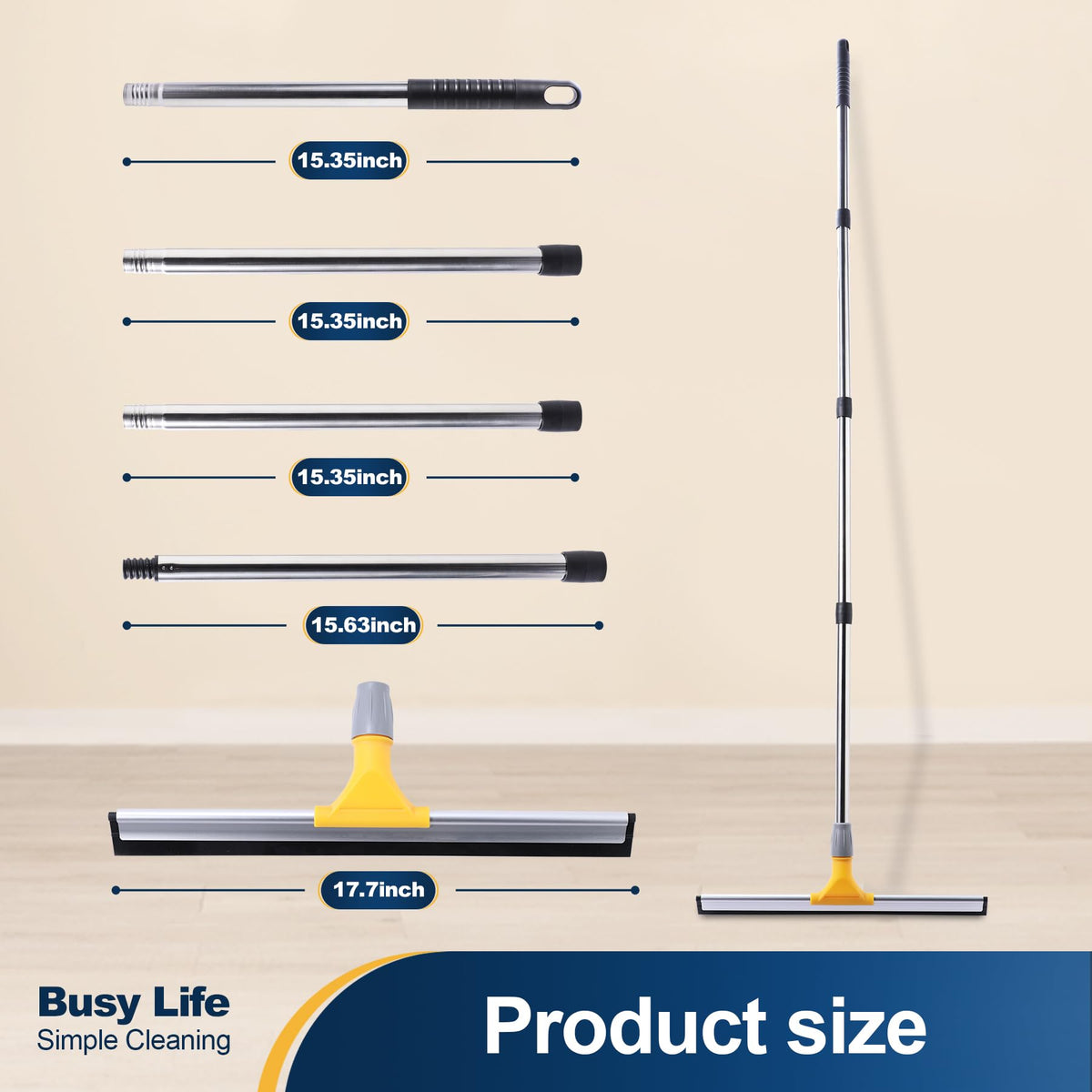 Rubber Floor Squeegee 17.7" TPR Blade Scrubber Broom 61.8inch Pole