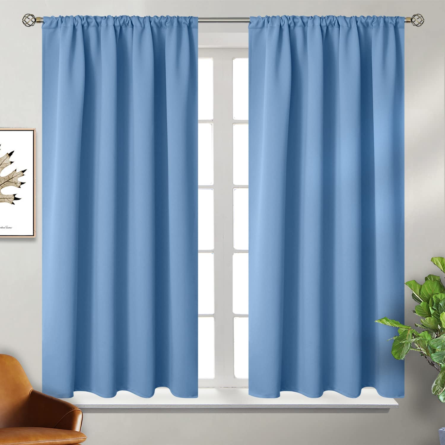 Denim Blue Blackout Curtains for Bedroom 45 Inches Long