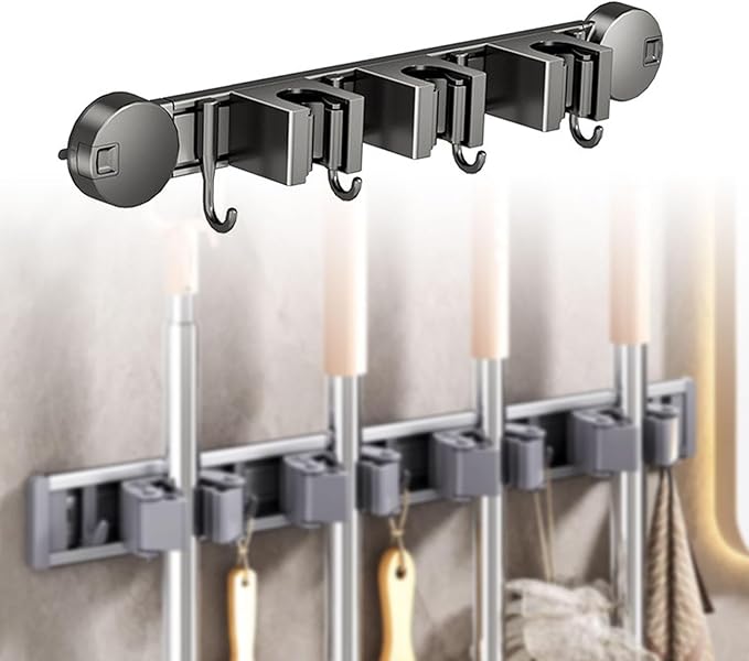 Wall-Mounted Mop and Broom Holder with Aluminum Housing, Rubber Tray and Hooks for Secure Storage of Cleaning Tools for Kitchen, Garage, 43.7cmx5.5cmx7.5cm