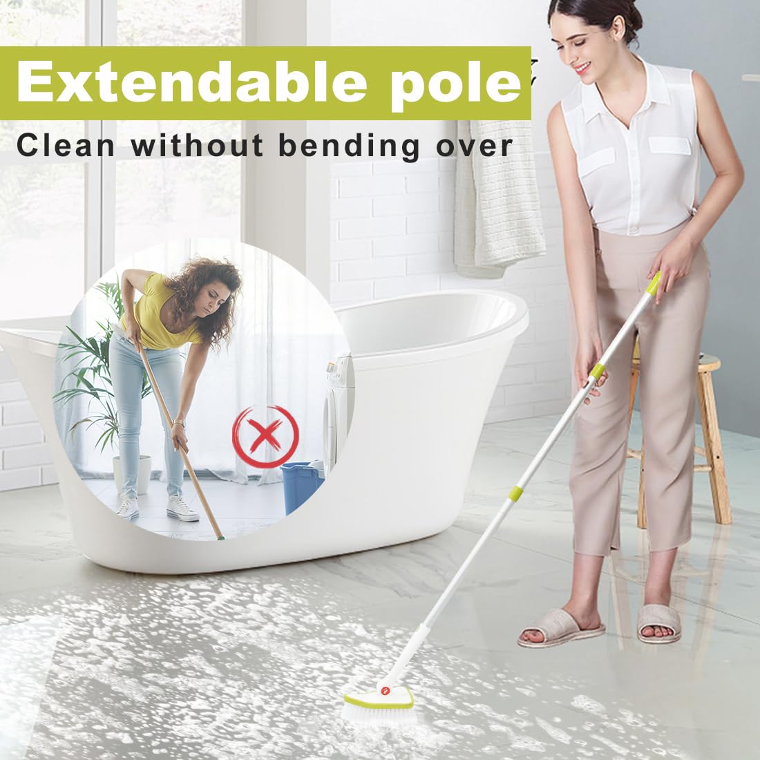 2 in 1 Bathroom Cleaning Brush with 48" Extendable Long Handle Detachable Scrub Brush 2 Scrubber Heads and 2 Scouring Pad Head for Bathroom Bathtub Floor Cleaning (4 Count)