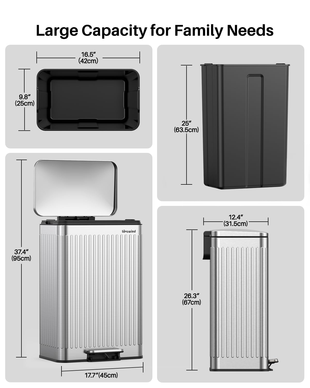 60 Liter 16 Gallon Stainless Steel Trash Can with Soft