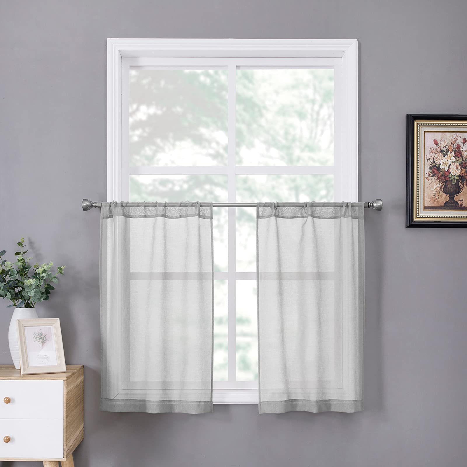 Sheer Tier Curtain Linen Textured Half Kitchen Curtains Sheer Light Filtering Rod Pocket Voile Small Curtains for Bathroom