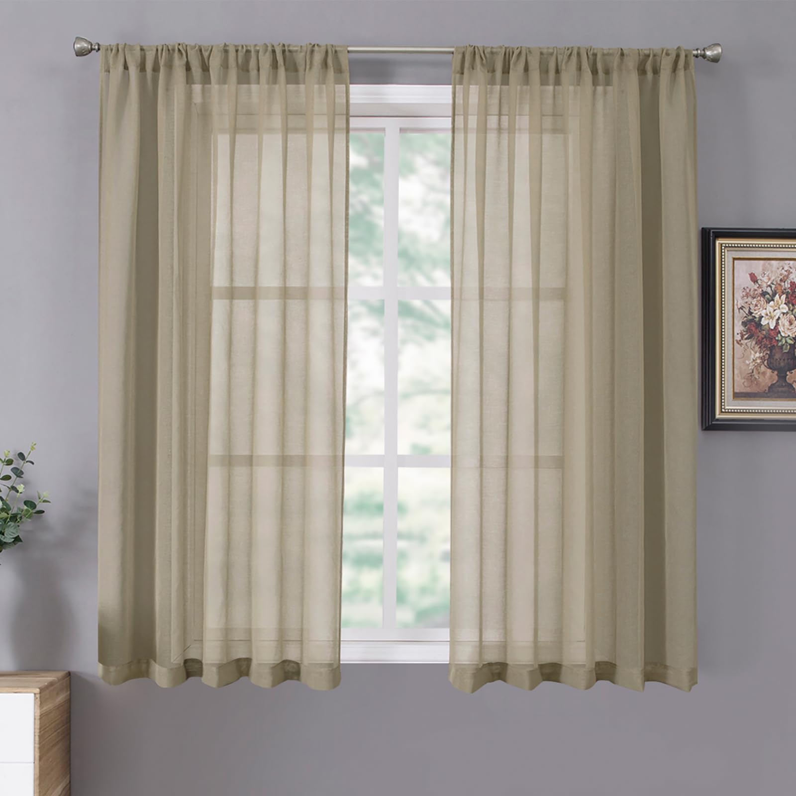 Short Sheer Curtain Linen Textured Living Room Curtains Sheer Light Filtering Rod Pocket Voile Curtain for Bedroom (2 Count)