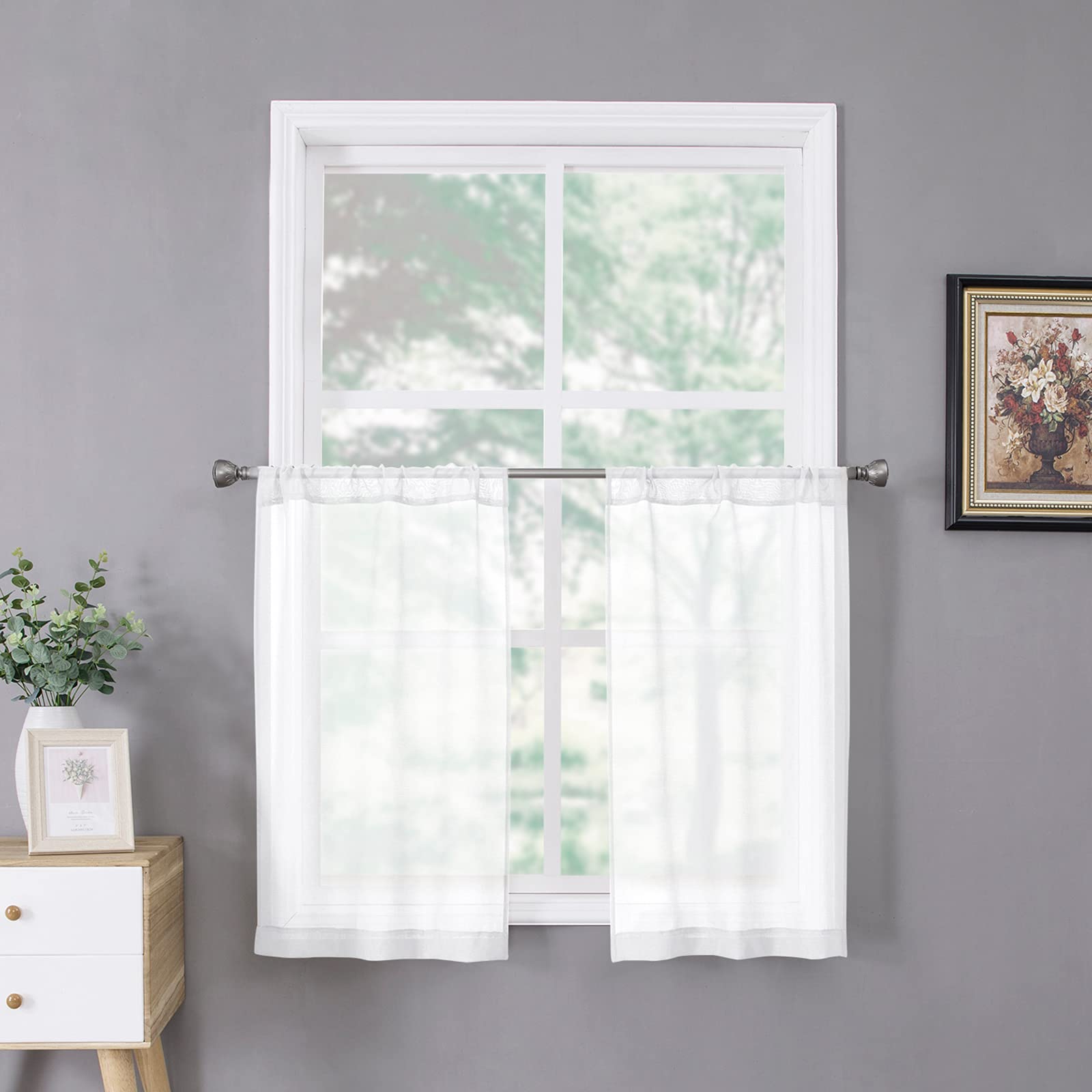 Sheer Tier Curtains Kitchen Linen Textured Half Curtain Sheers Light Filtering Rod Pocket Voile Bathroom Short Curtains for Farmhouse (2 Count)