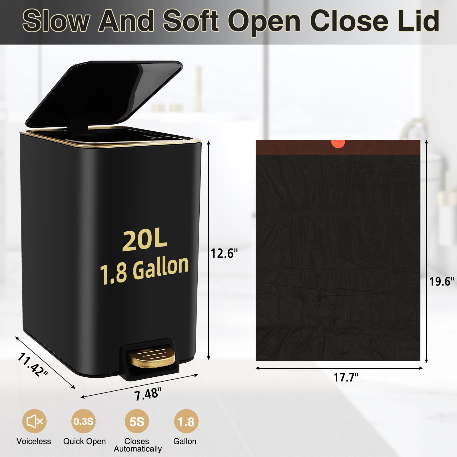 Small Bathroom Trash Can with Lid Soft Close (80 Count)