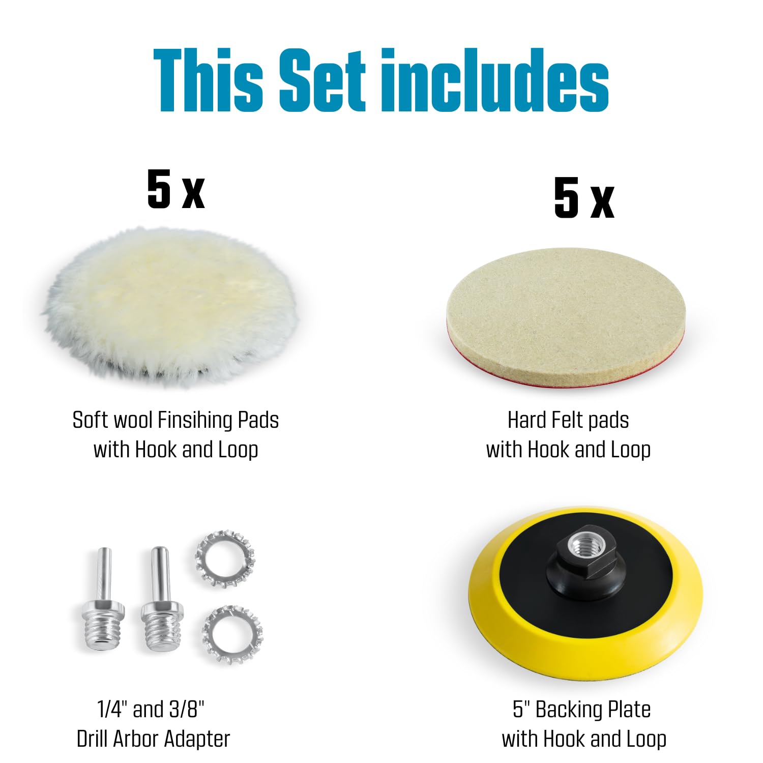 5 Inch Wool Polishing Kit for Drill or Angle Grinder or Orbital (10 Count)