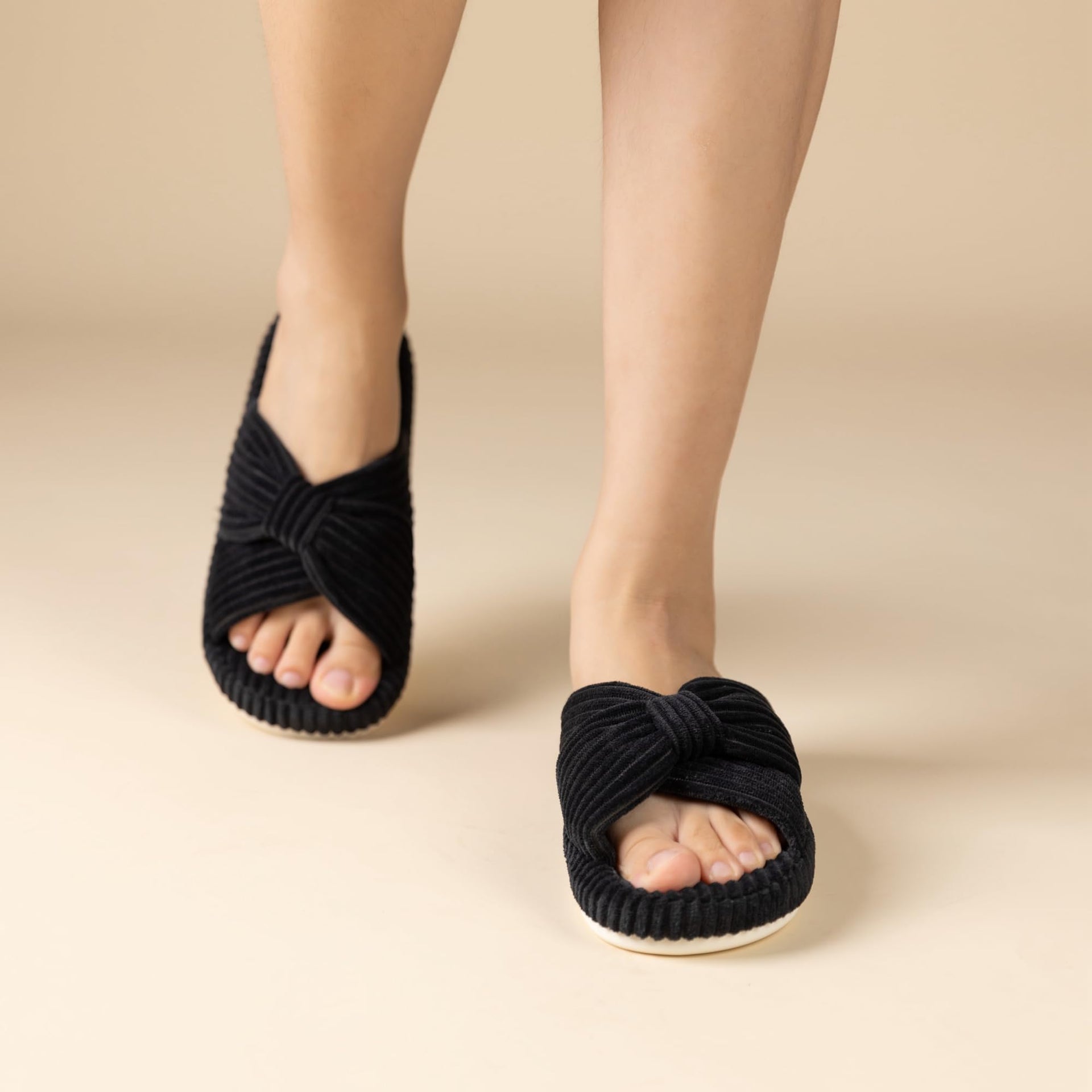 Slippers for Women Memory Foam House Bedroom Corduroy Bow Crossbands Slipper Shoes Comfy Trendy Gift Slippers Black Size 5 6 5.5