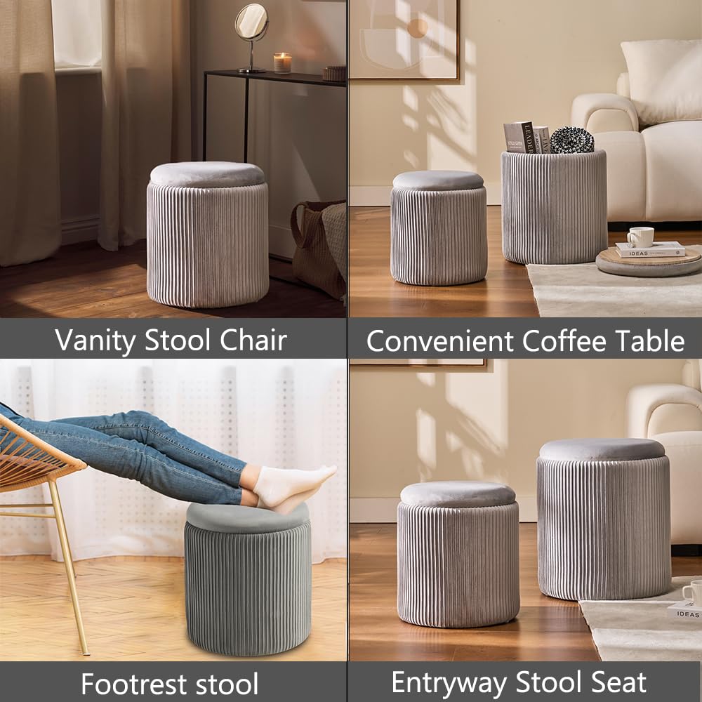 Set of 2 Round Storage Ottoman Light Grey Velvet Ottoman with Storage