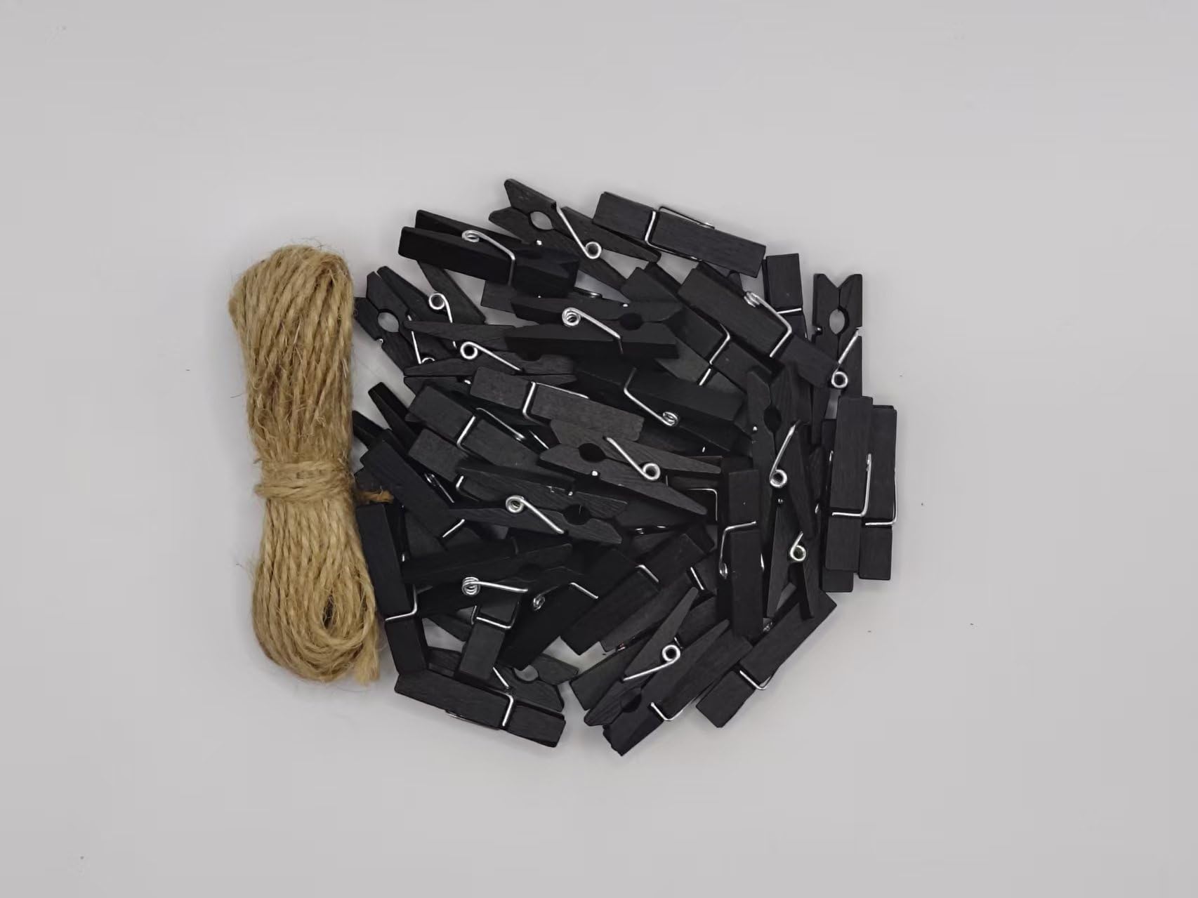 Wood Clothespins to Hang Photos School Projects 1.5 Inch Clothes Clips with Jute Twine Black Pack 50 (50 Count)