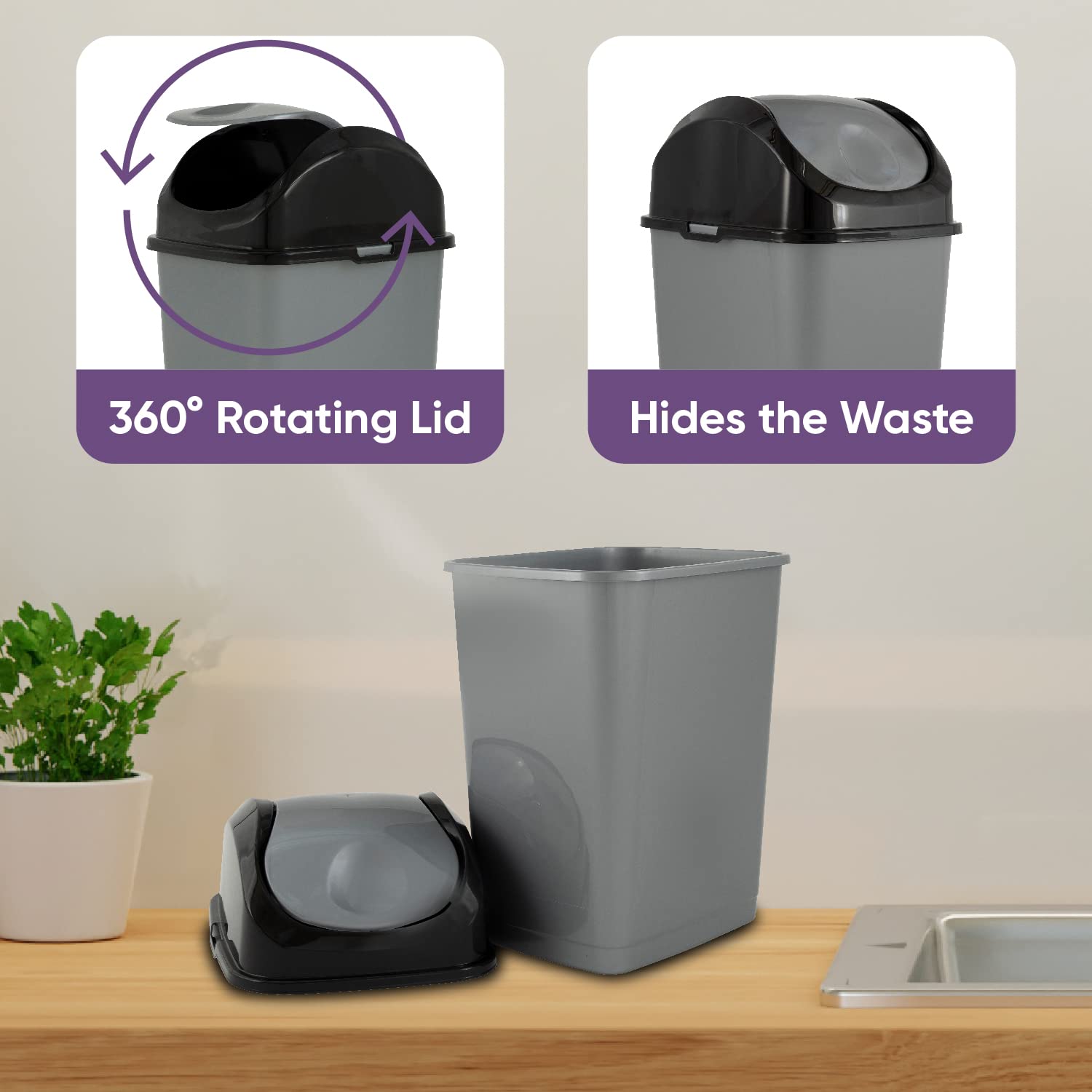 Mini Plastic Trash Can with Swing Top Lid 1.25 Gallon Compact Small Waste Bin Portable Garbage Can for Countertop (2 Count)