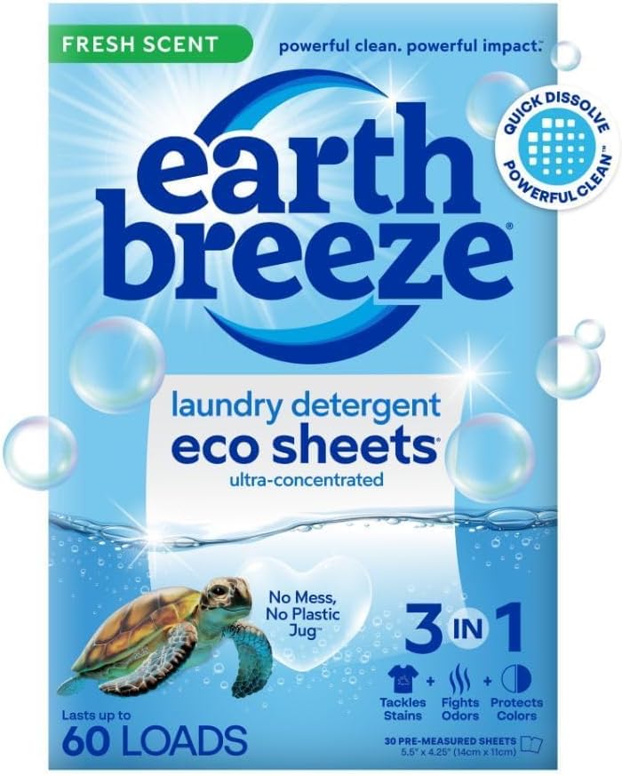 Earth Breeze Laundry Detergent Sheets Fresh Scent - 60 Loads Eco Liquidless Soap - Travel-Friendly for Hot & Cold Cycles, Tackles Tough Stains & Odors - Gentle on Skin, 30 Ct - ModHome Supplies