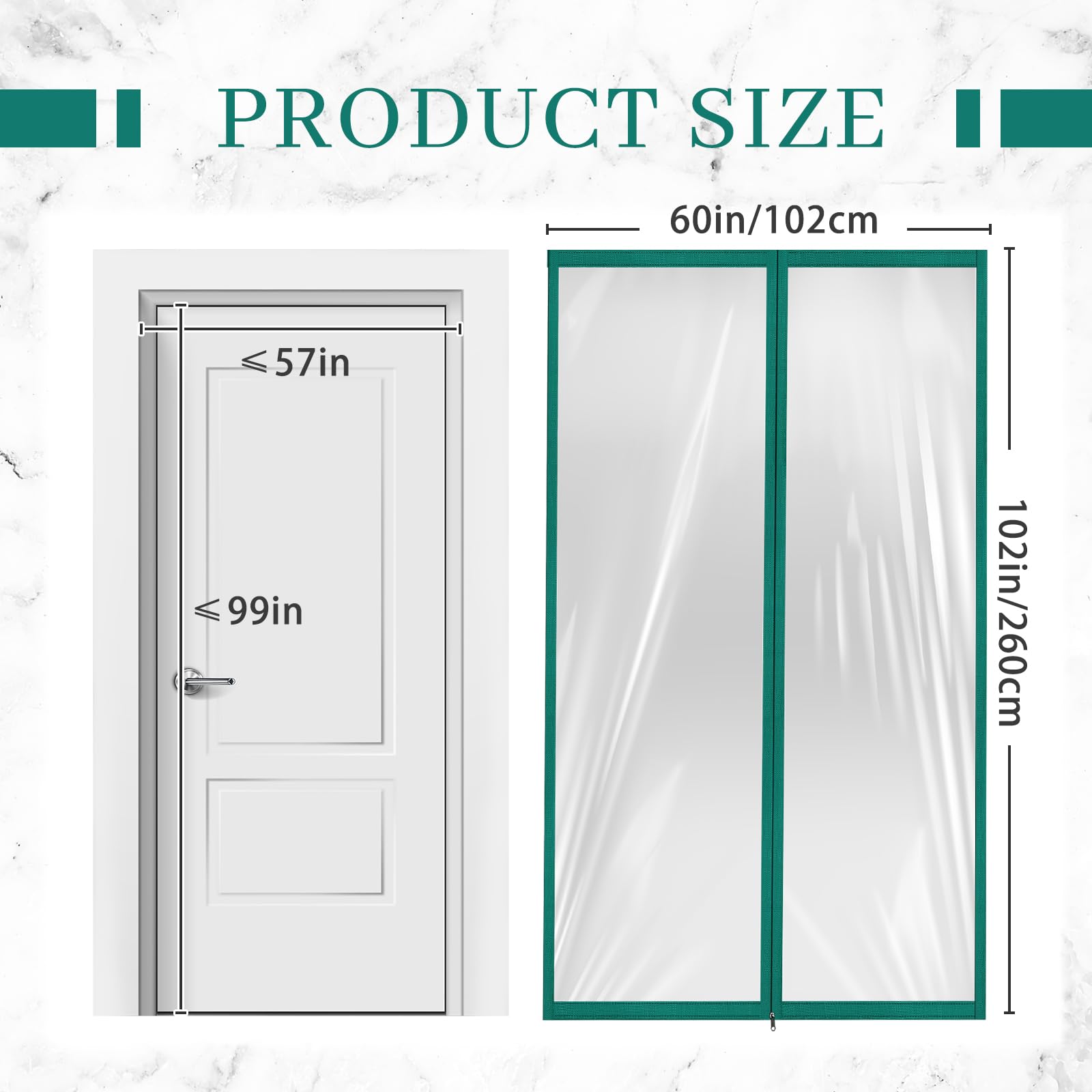 Zipper 60 x 102 Inch Dust Barrier Kit Construction Door Barrier 5 x 8.5 ft Reusable Plastic Curtain Cover Containment Standard Doorway Temporary Wall Screen Green Sheeting for Bathroom Hallway