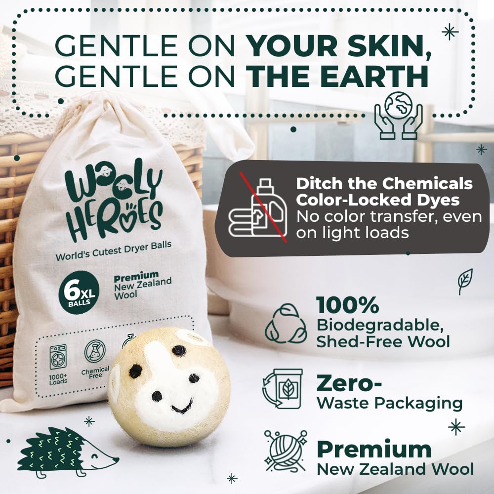 Chemical Free & Baby Safe! Reusable Wool Dryer Balls XL 6 (6 Count)