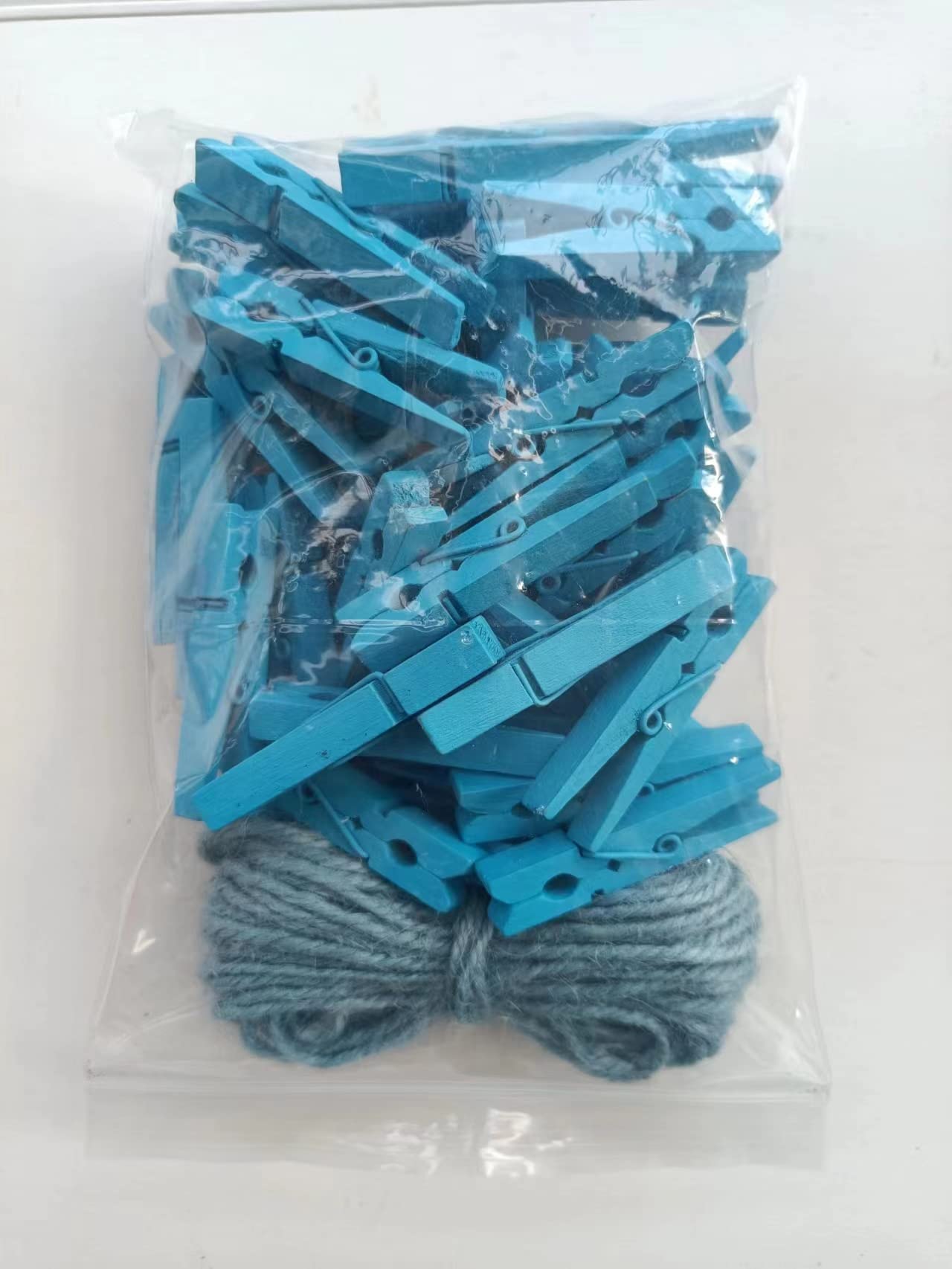 1.9" Wooden Clothespins Hanging Clothes Pins Clip Photo Holder DIY Gift Festive Party Decor with Bright Blue Jute Twine Pack 50 (50 Count)