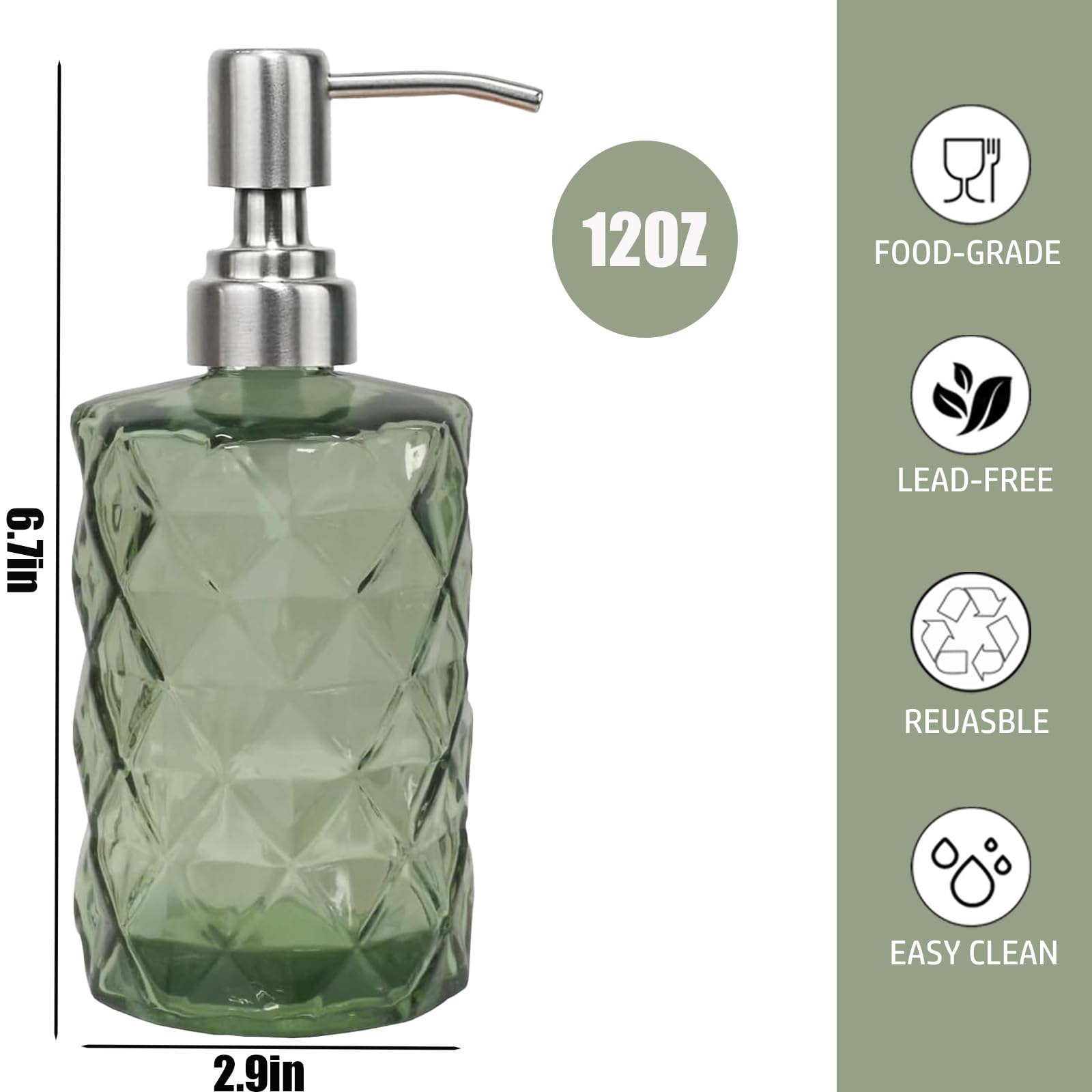 12Oz Green Glass Soap Dispenser