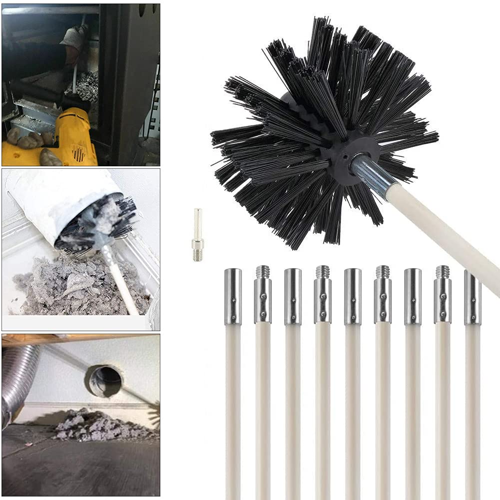 12 Feet Stove Pipe Clean Brush Extension Rods Flexible Fireplace Chimney Brush Stove Pipe Brush Rod Rotary Air Duct Dryer Vent Cleaner Rods Flue Brush Chimney Sweep Kit with Brush Head (10 Count)