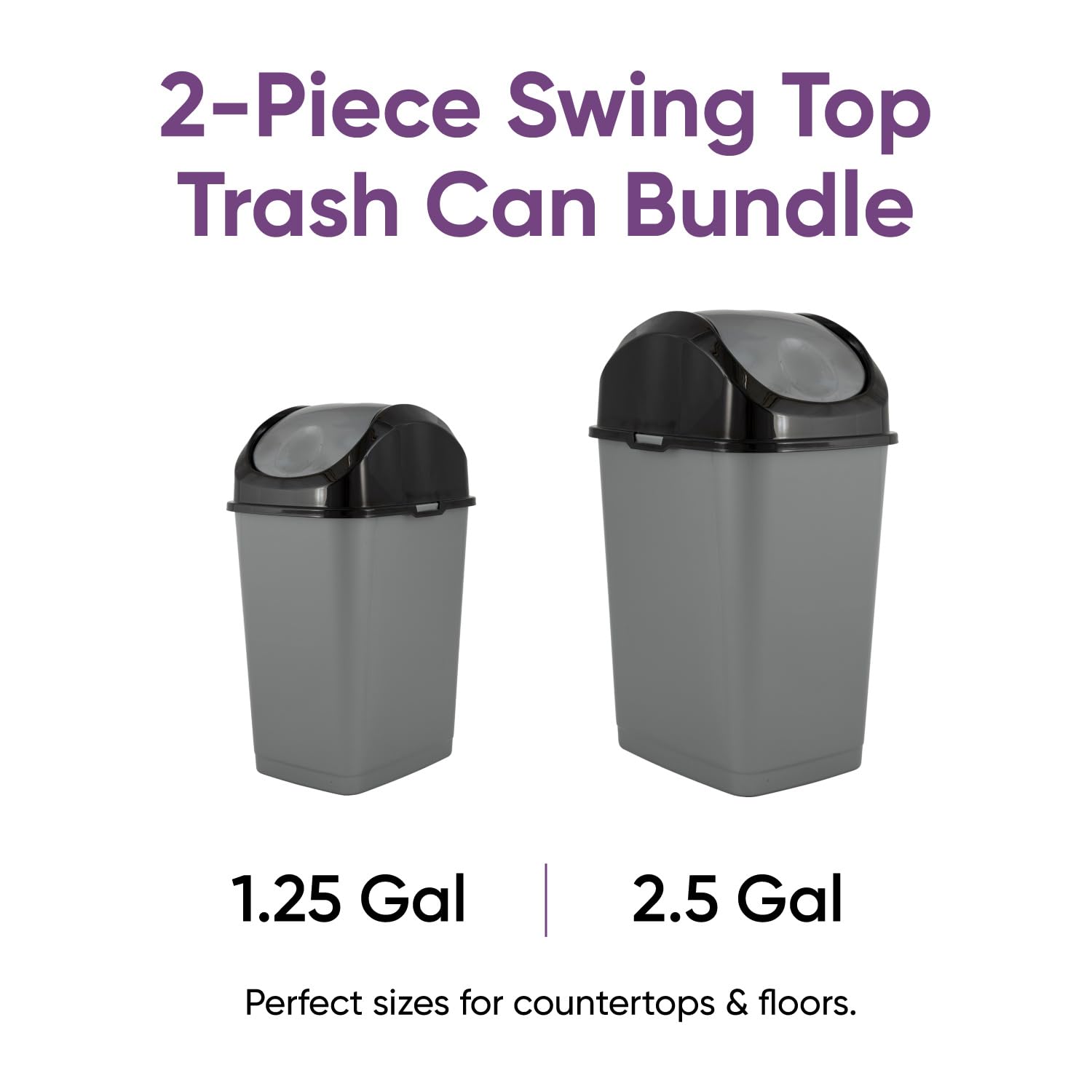 Mini 1.25 Gallon and Small 2.5 Gallon Plastic Trash Cans with Swing Top Lid (2 Count)
