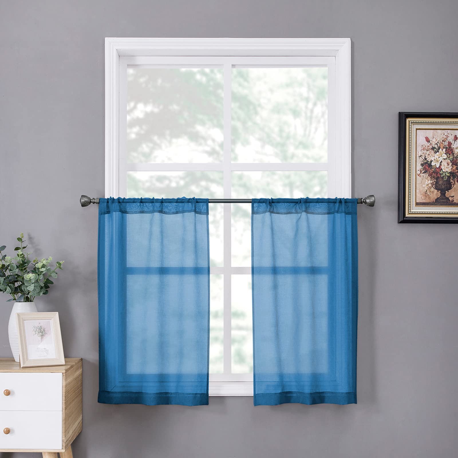 Sheer Tier Curtains Kitchen Linen Textured Half Curtain Sheers Light Filtering Rod Pocket Voile Bathroom Short Curtains for Farmhouse (2 Count)