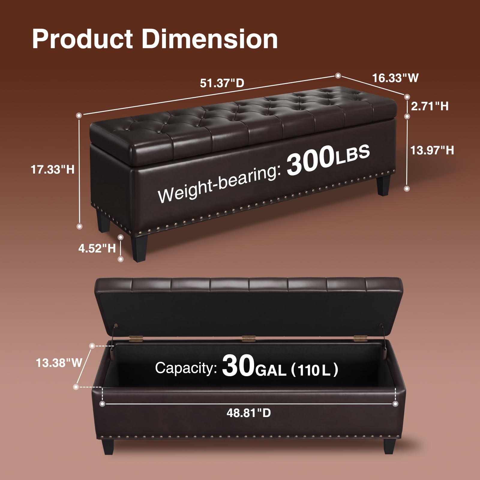 51 Inch Storage Ottoman Bench