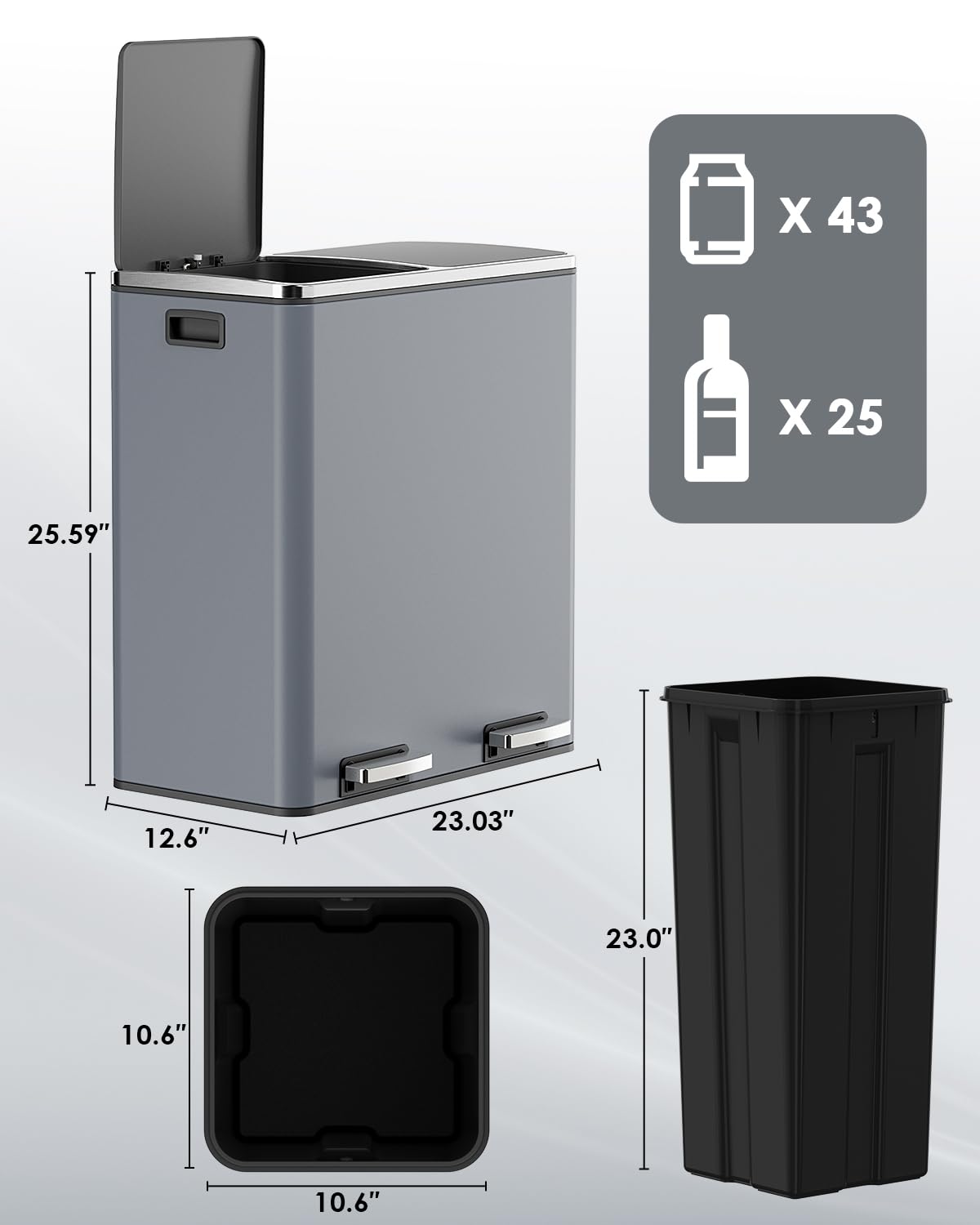 60L(16 Gal ) Dual Trash Can, Stainless Steel Kitchen Garbage Can, Double Compartment Classified Rubbish Bin, Recycle Dustbin w/Plastic Inner Buckets, Handle, Soft-Close Lid, Airtight, Grey