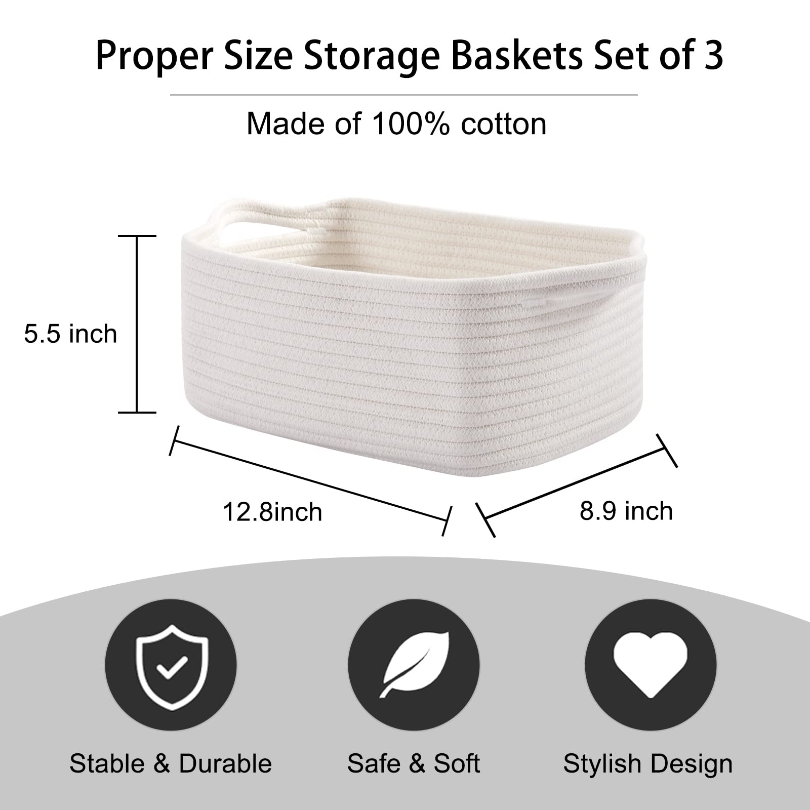 3 Pack Storage Baskets for Shelves Cotton Rope Storage Bins White (3 Count)