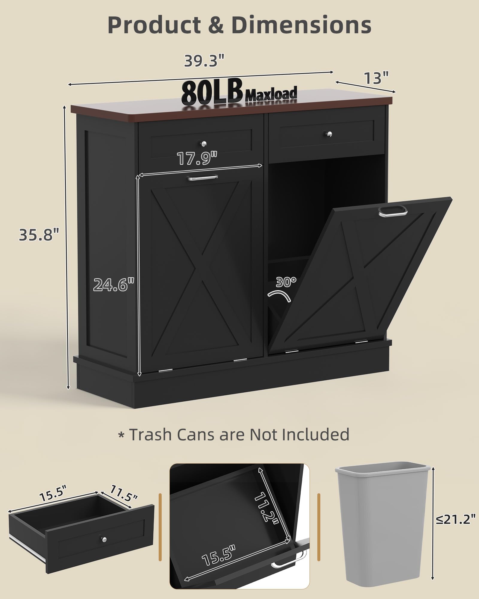2x10 Gallon Tilt Out Trash Cabinet with Hideaway Drawers