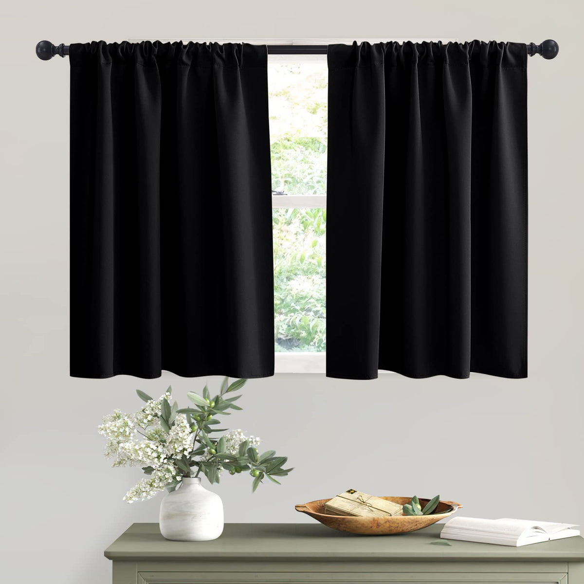 Short Black Blackout Curtains for Small Bedroom Kitchen Window