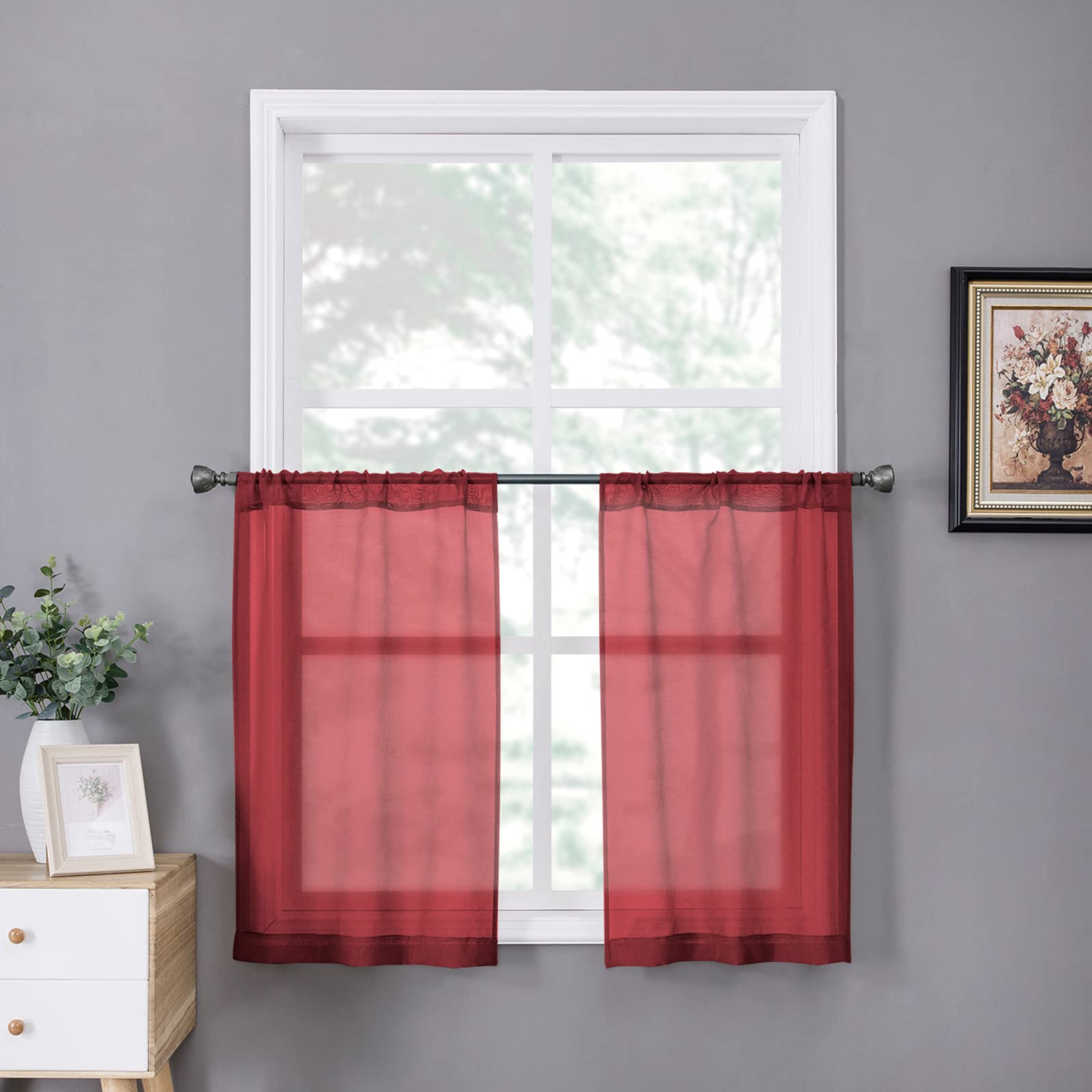 Sheer Tier Curtains Kitchen Linen Textured Half Curtain Sheers Light Filtering Rod Pocket Voile Bathroom Short Curtains for Farmhouse (2 Count)