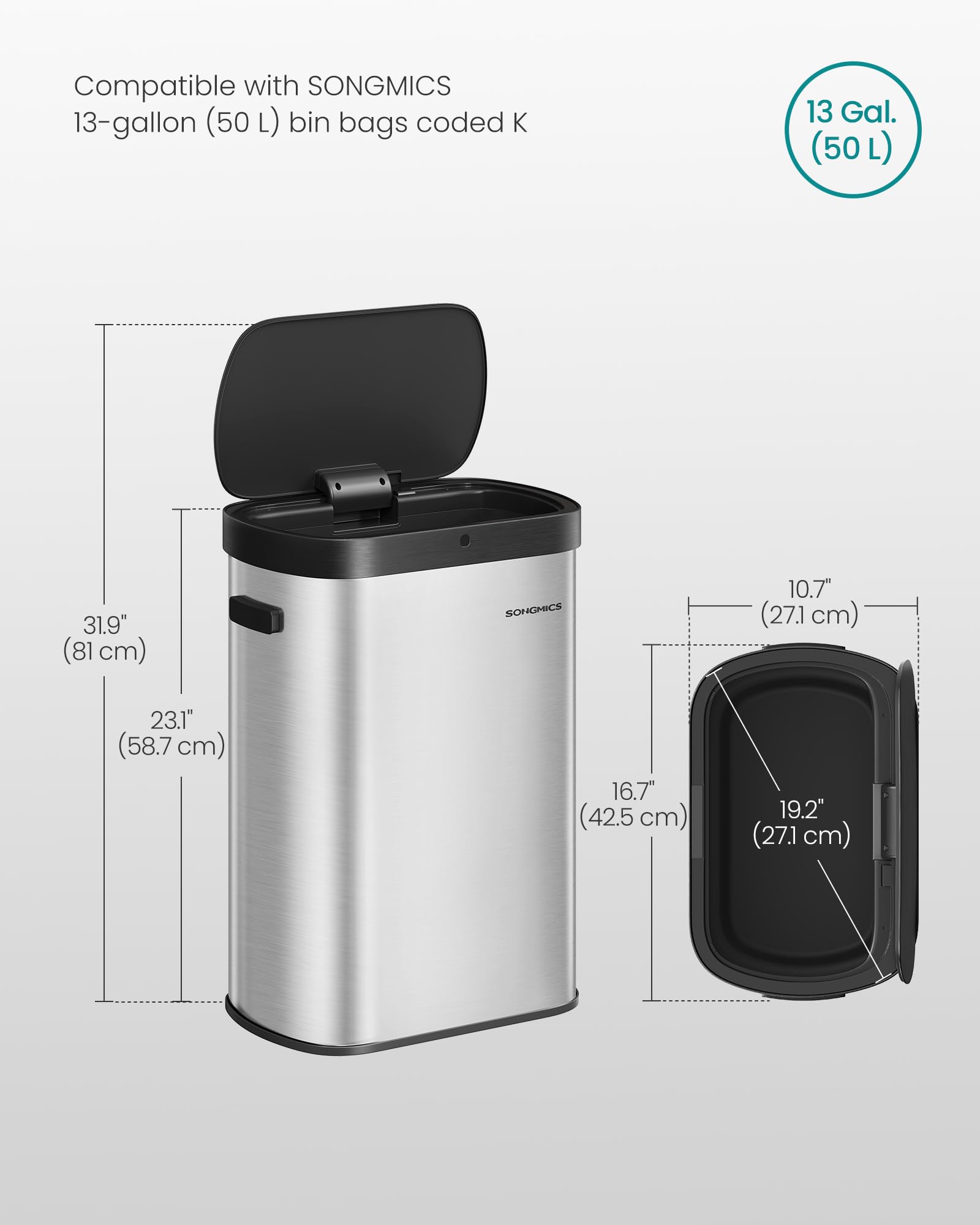 Trash Can, 13-Gallon, Stainless Steel, Soft-Close Lid