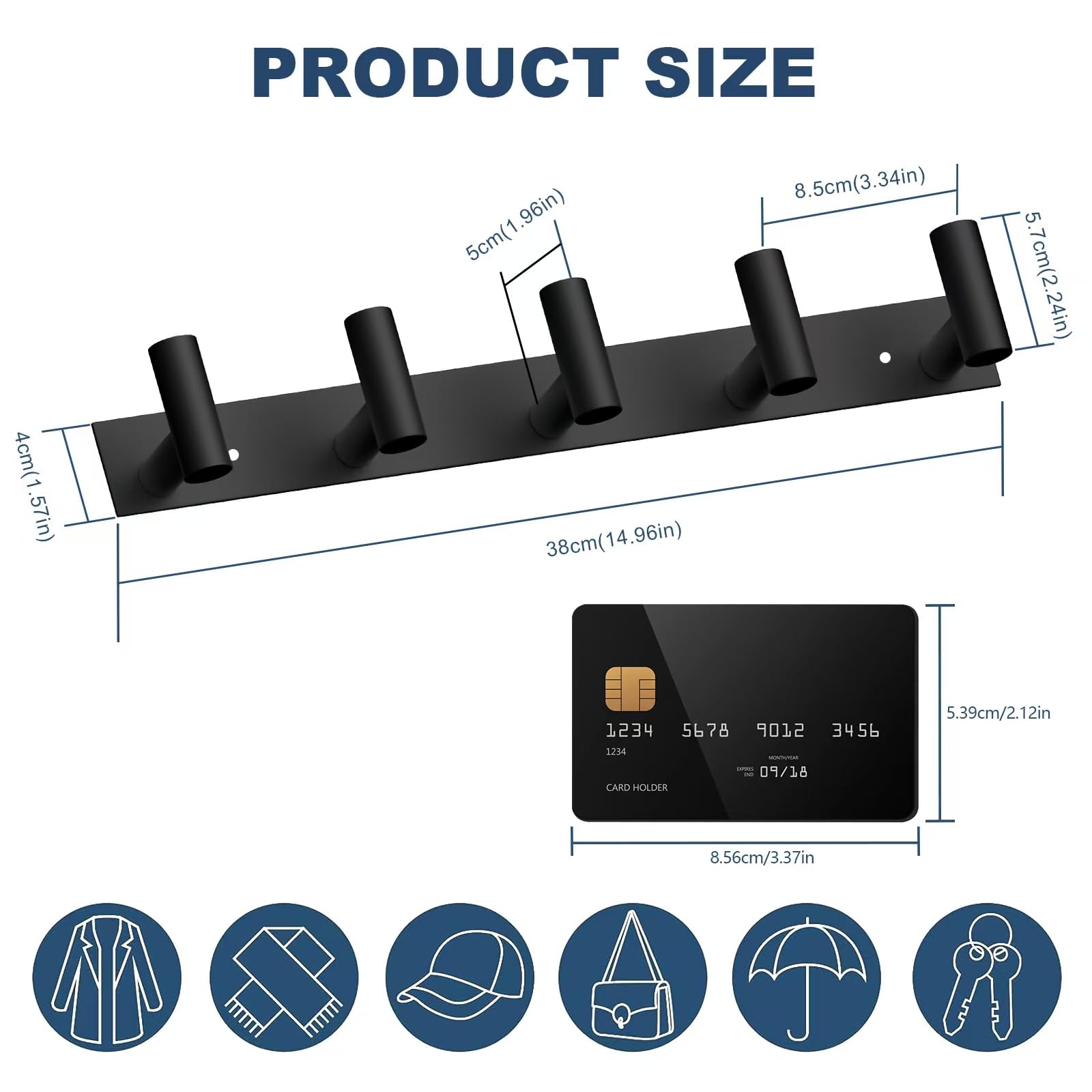 Black Hat and Coat Wall Mount Rack 5 Hooks for Robes