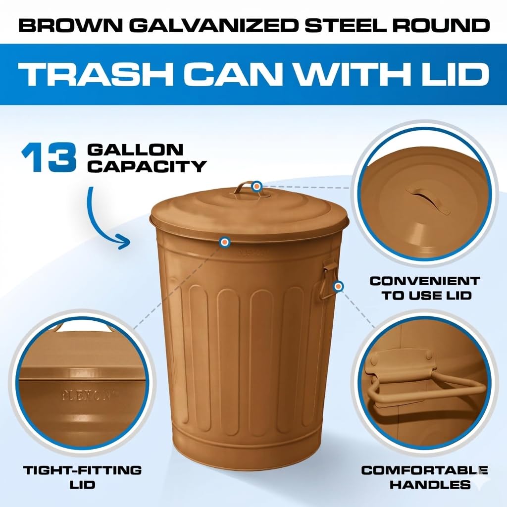 13 Gallon Metal Trash Can with Lid Outdoor Vintage Trash Can Steel Retro Garbage Can for Kitchen Farmhouse Rustic Bird Seed Storage Pet Food Cute Bucket (2 Count)
