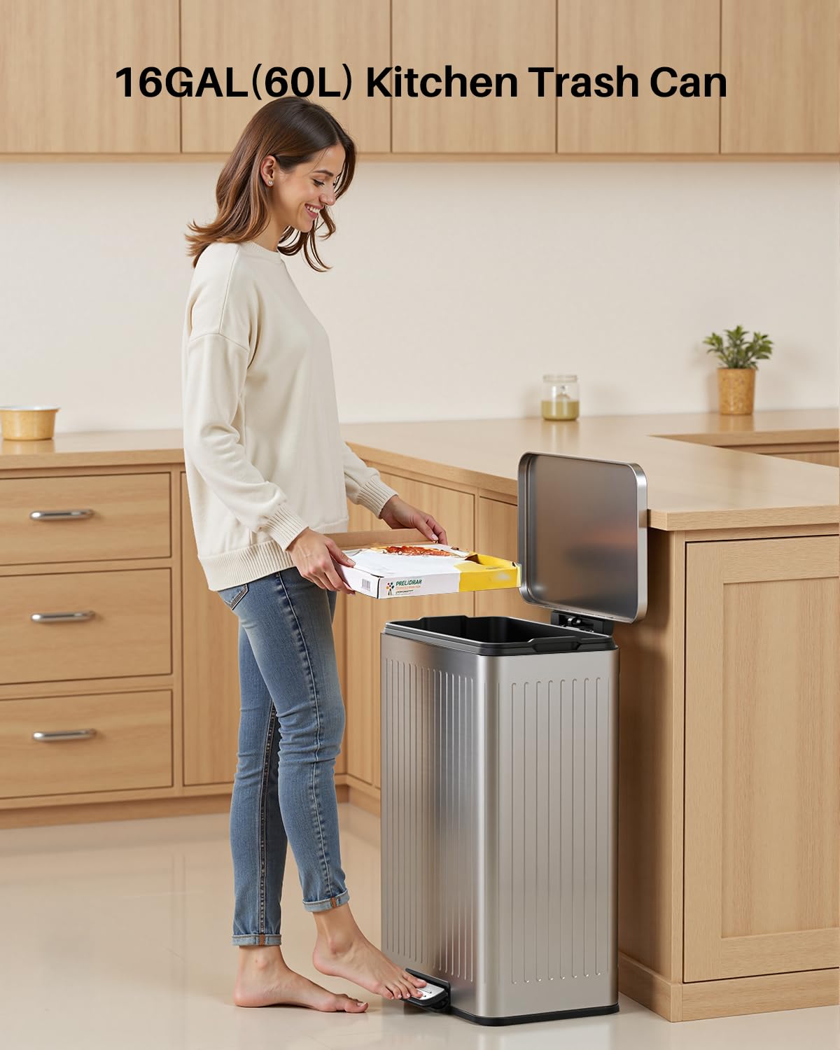 60 Liter 16 Gallon Stainless Steel Trash Can with Soft