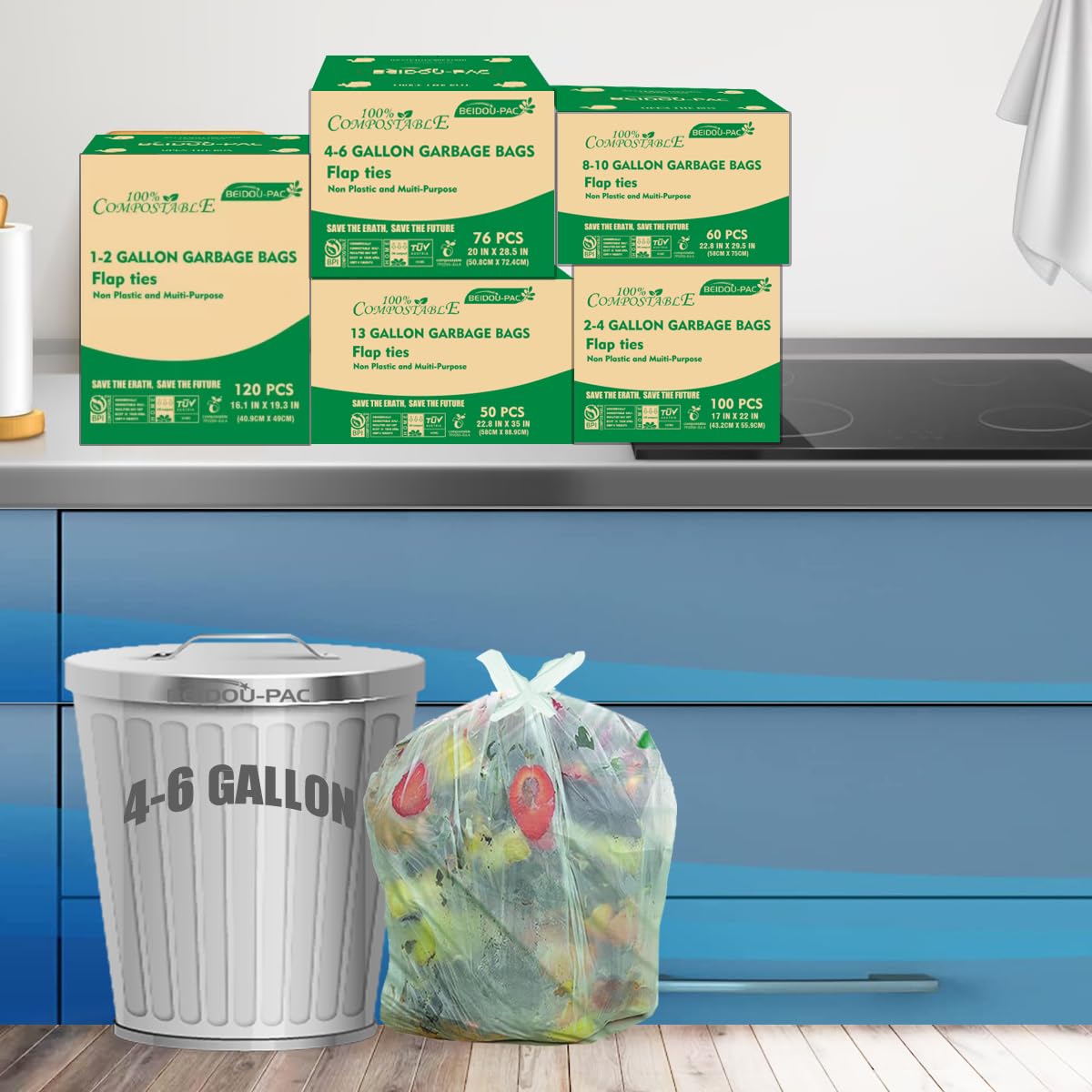 4 6 Gallon Flap Tie Compostable Trash Bags (76 Count)