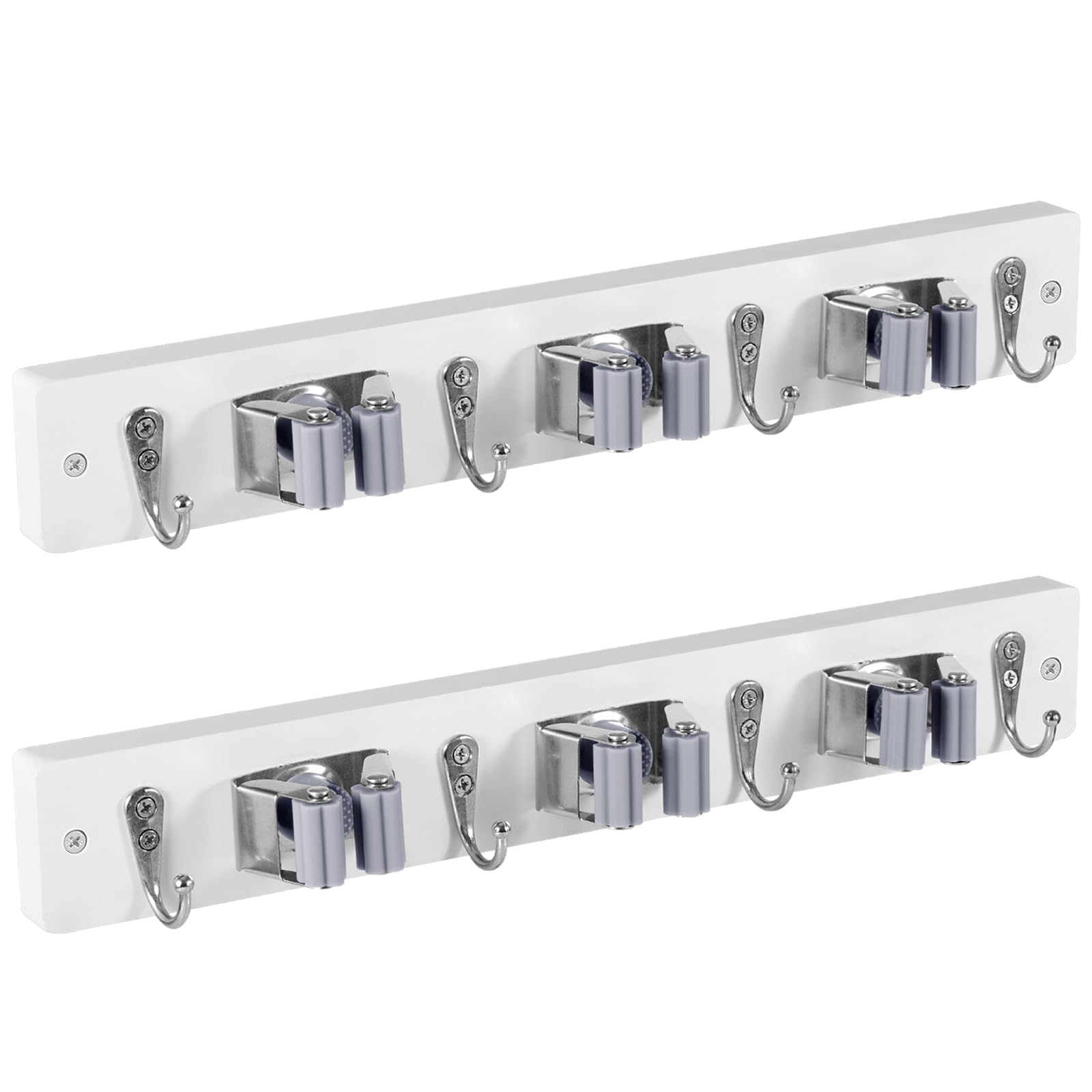 2 Pack White Mop Broom Holder Wall Mount with 3 Slots & 4 Hooks (2 Count)