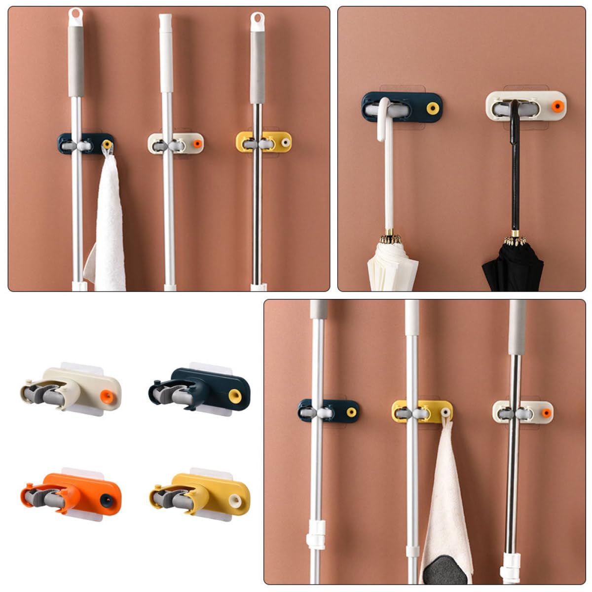 Self Adhesive Mop Holder Wall Mount No Drilling Mop Broom Storage Hook Rack for Home Use Bathroom and Kitchen Wall