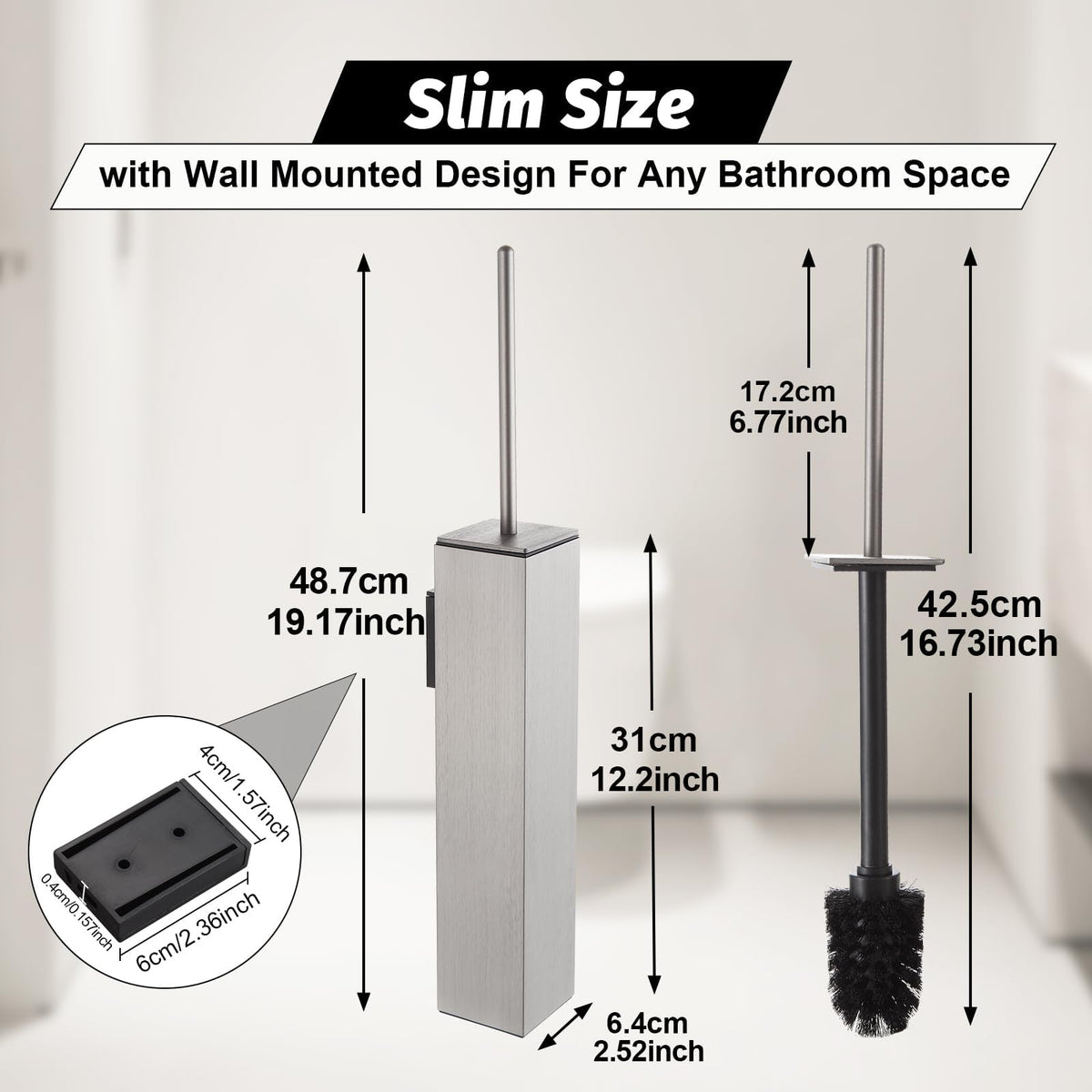 Toilet Brush and Holder Set Brushed Nickel Wall Mounted for Bathroom Square Design