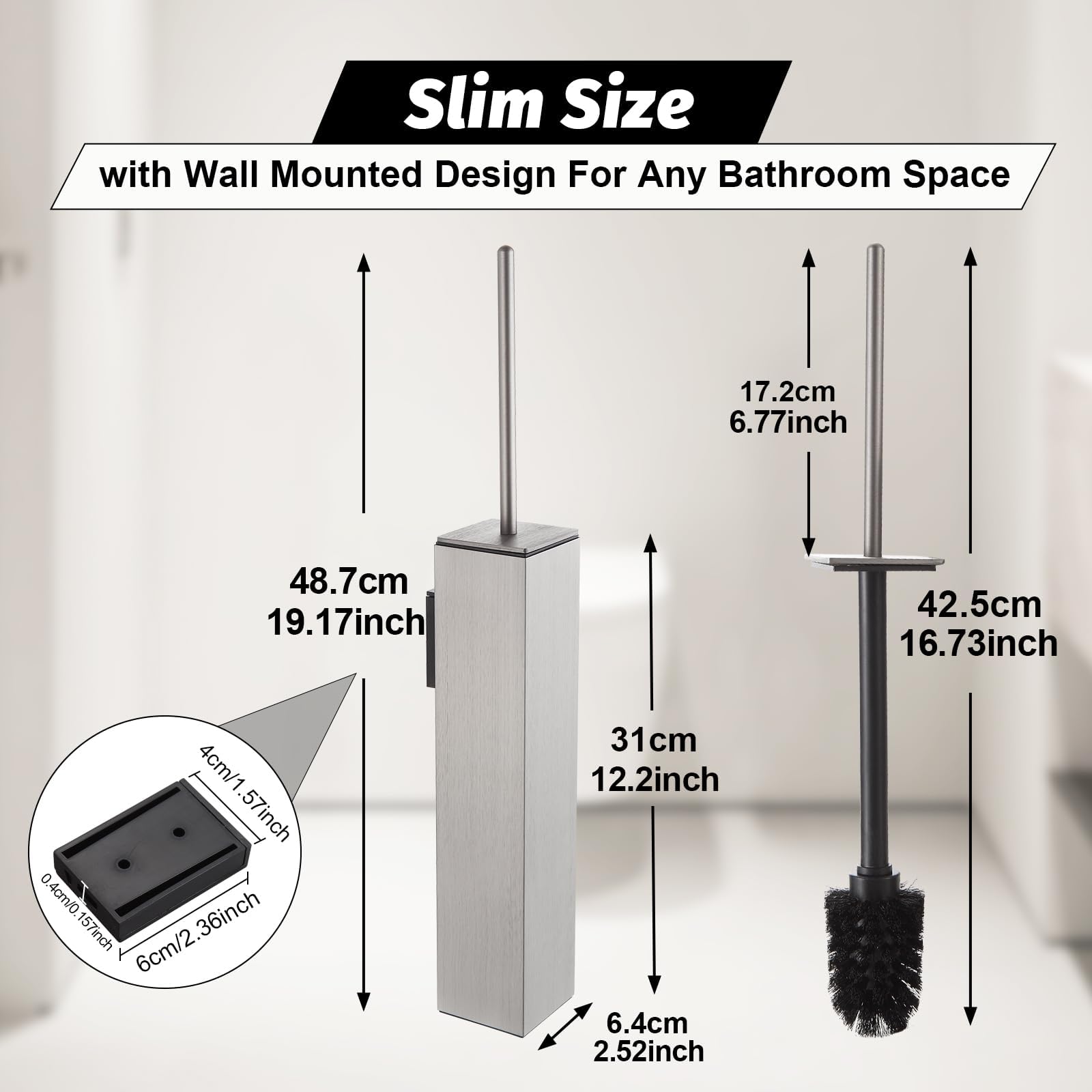 Toilet Brush and Holder Set Brushed Nickel Wall Mounted for Bathroom Square Design