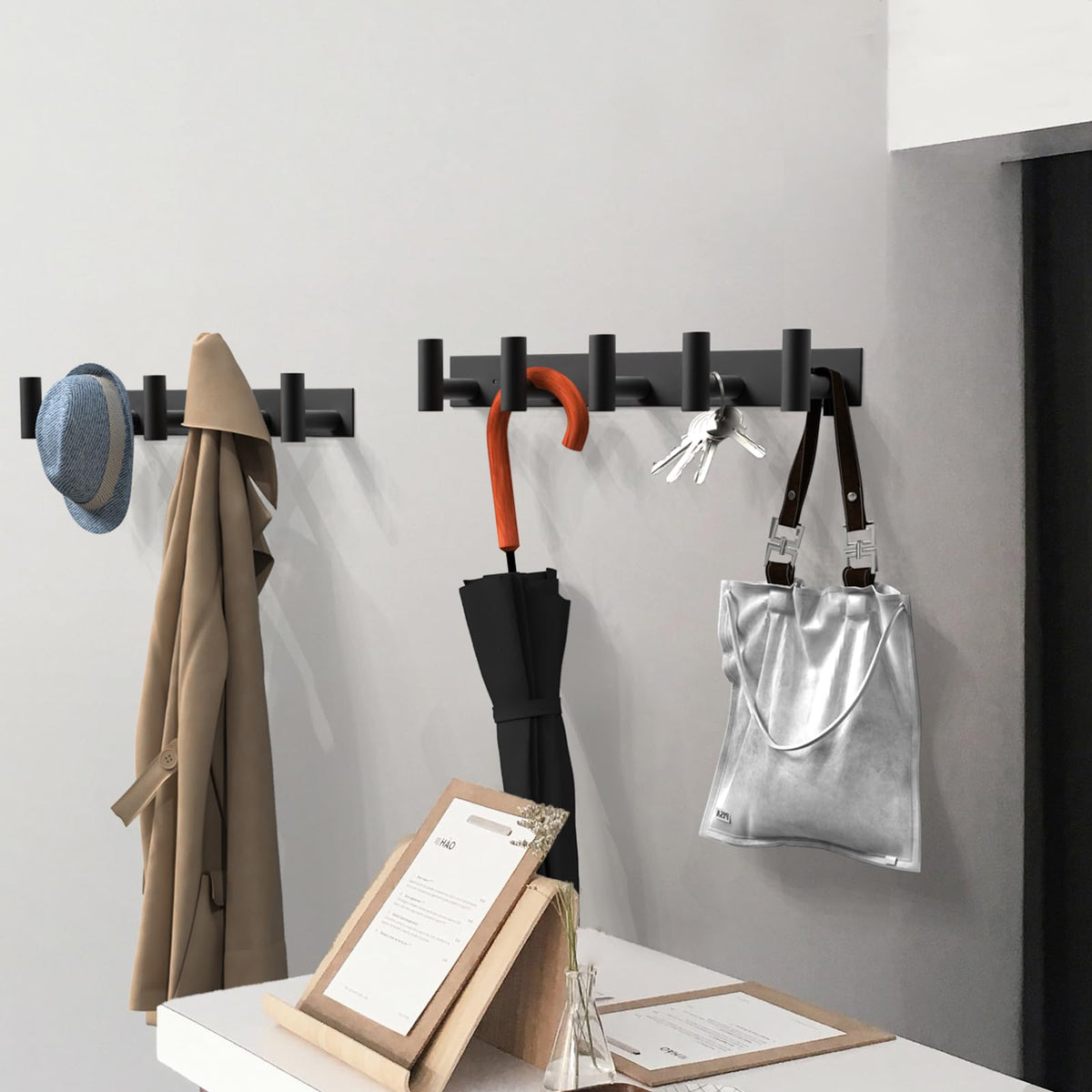 Black Hat and Coat Wall Mount Rack 5 Hooks for Robes