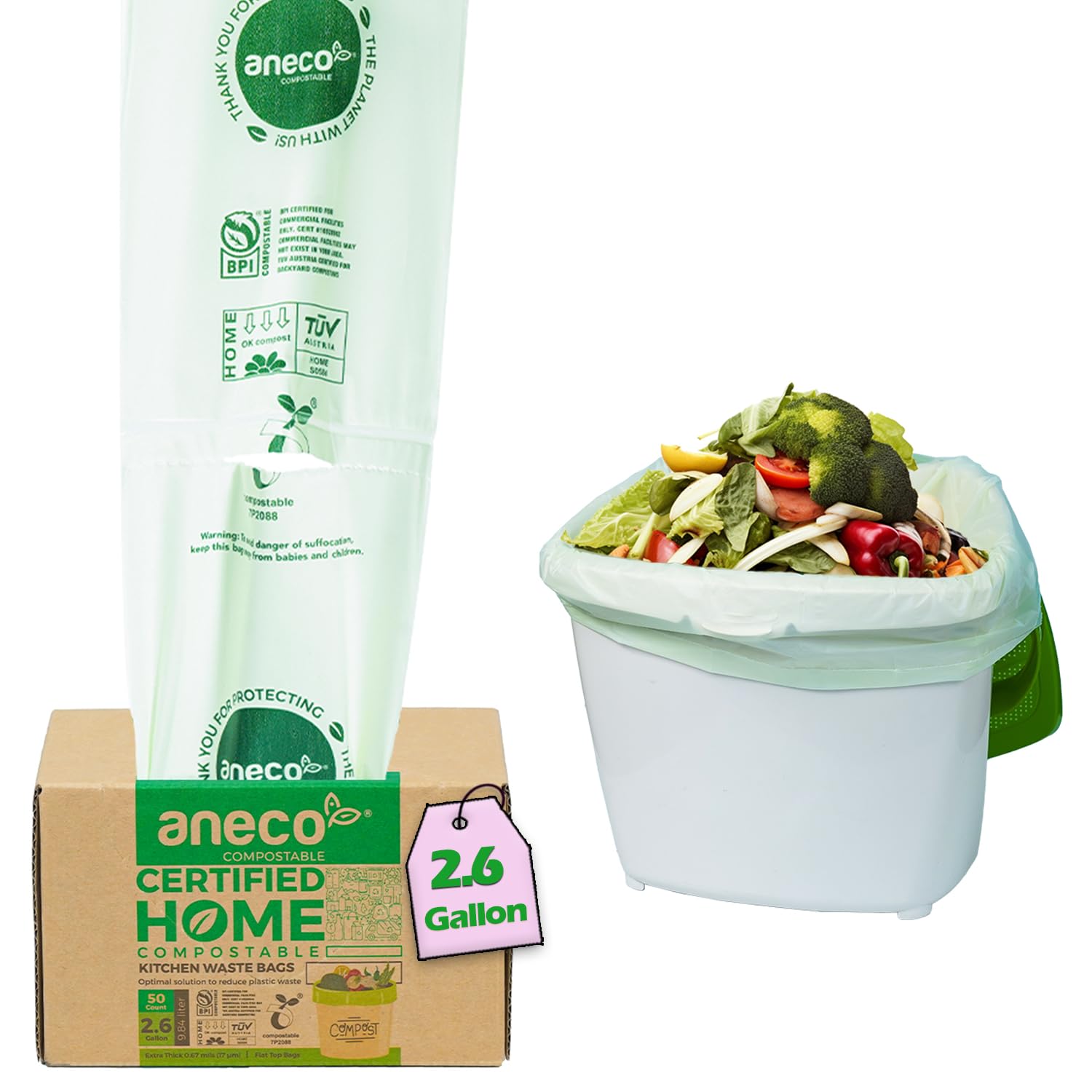 100% Compostable Waste Bags 2.6 Gallon (50 Count)