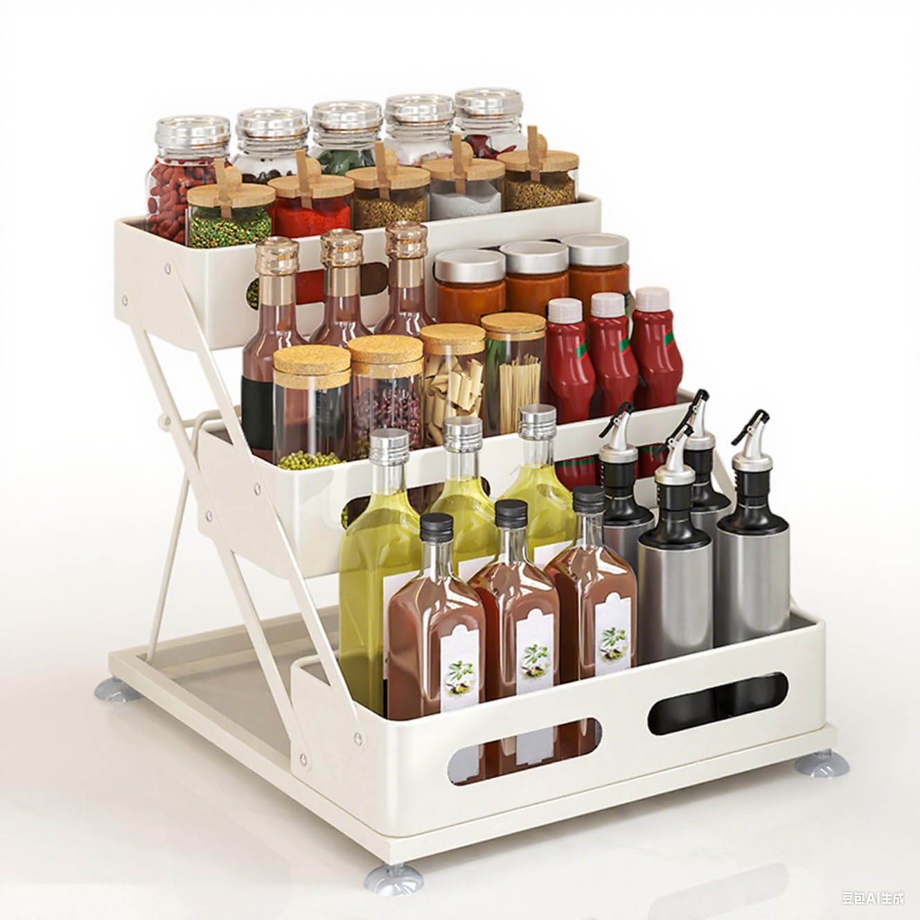 Spice Rack 3 Tier Foldable Seasoning Organizer Jars Storage Holder Step Shelf for Cabinet Kitchen Countertop Pantry Coffee Bar White