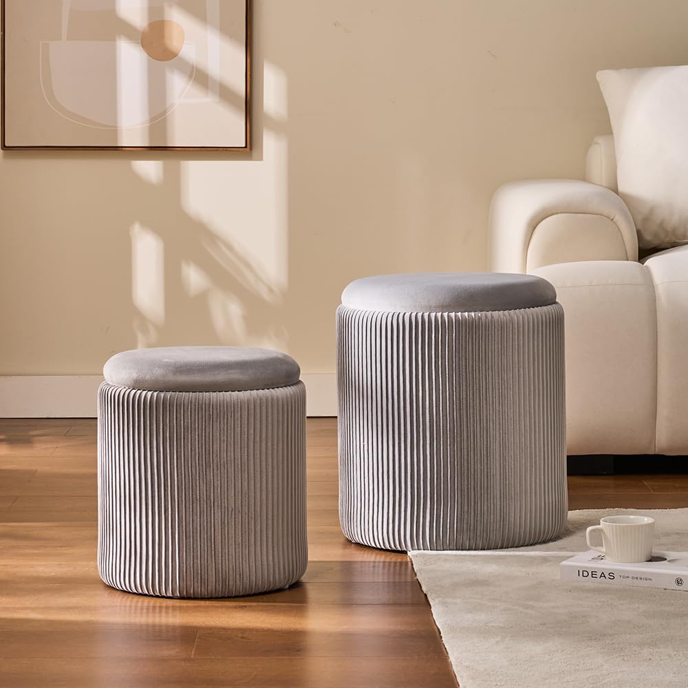 Set of 2 Round Storage Ottoman Light Grey Velvet Ottoman with Storage