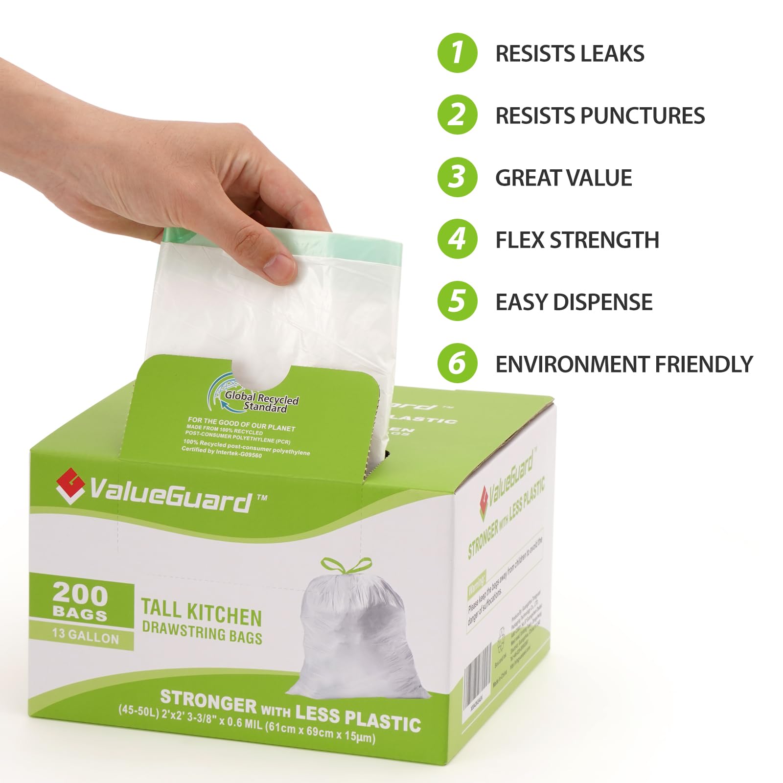 Large Trash Bag 13 Gallon Tall Drawstring 100% Post (200 Count)