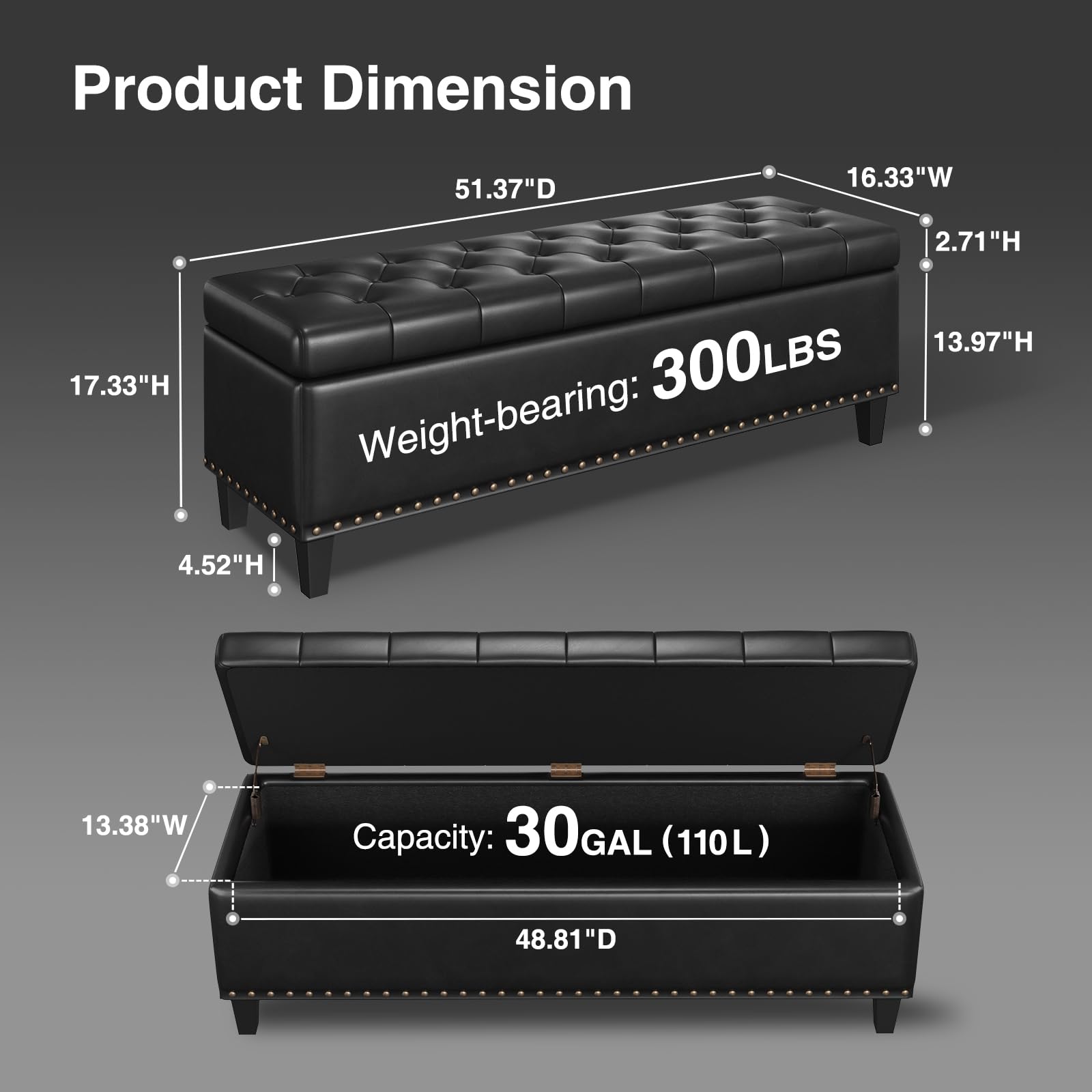 51 Inch Storage Ottoman Bench