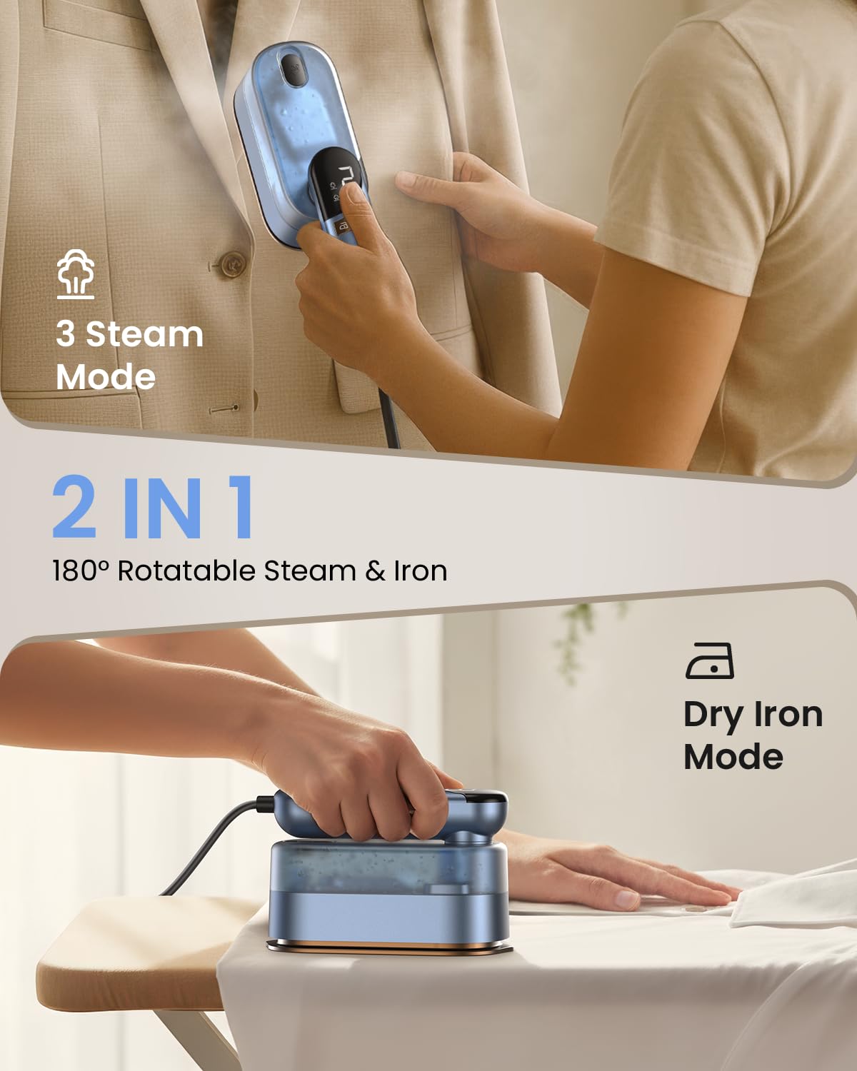 2-in-1 Steamer Iron for Clothes, 1000W, 9s Fast Heat-Up, 120V