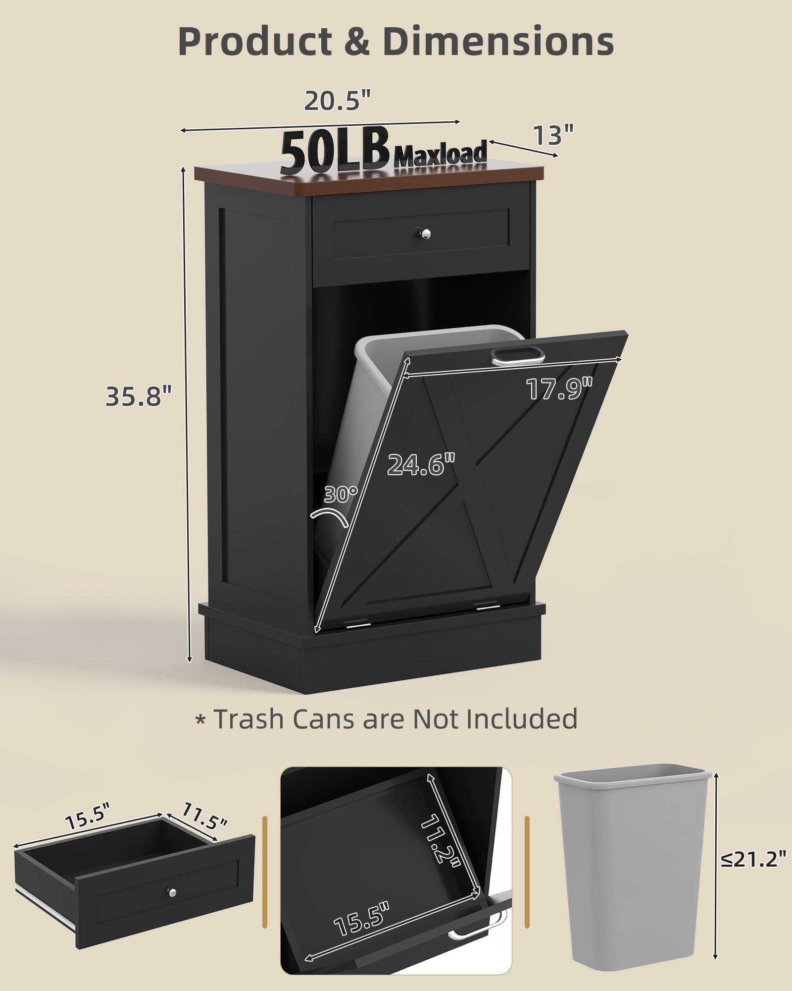 10 Gallon Tilt Out Trash Cabinet with Hideaway Drawer