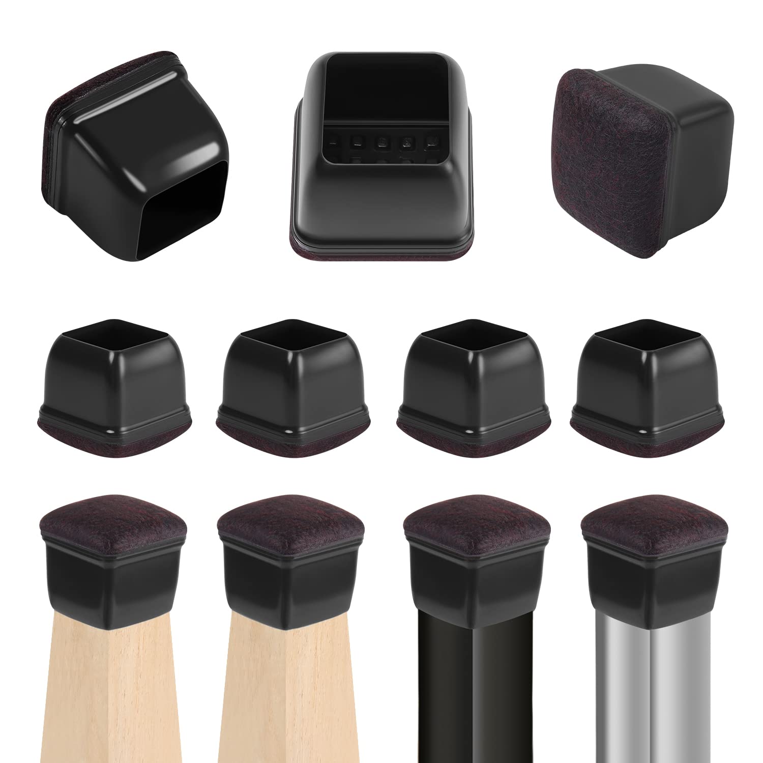 24 Pcs Black Square Chair Leg Floor Protectors with Felt (24 Count)
