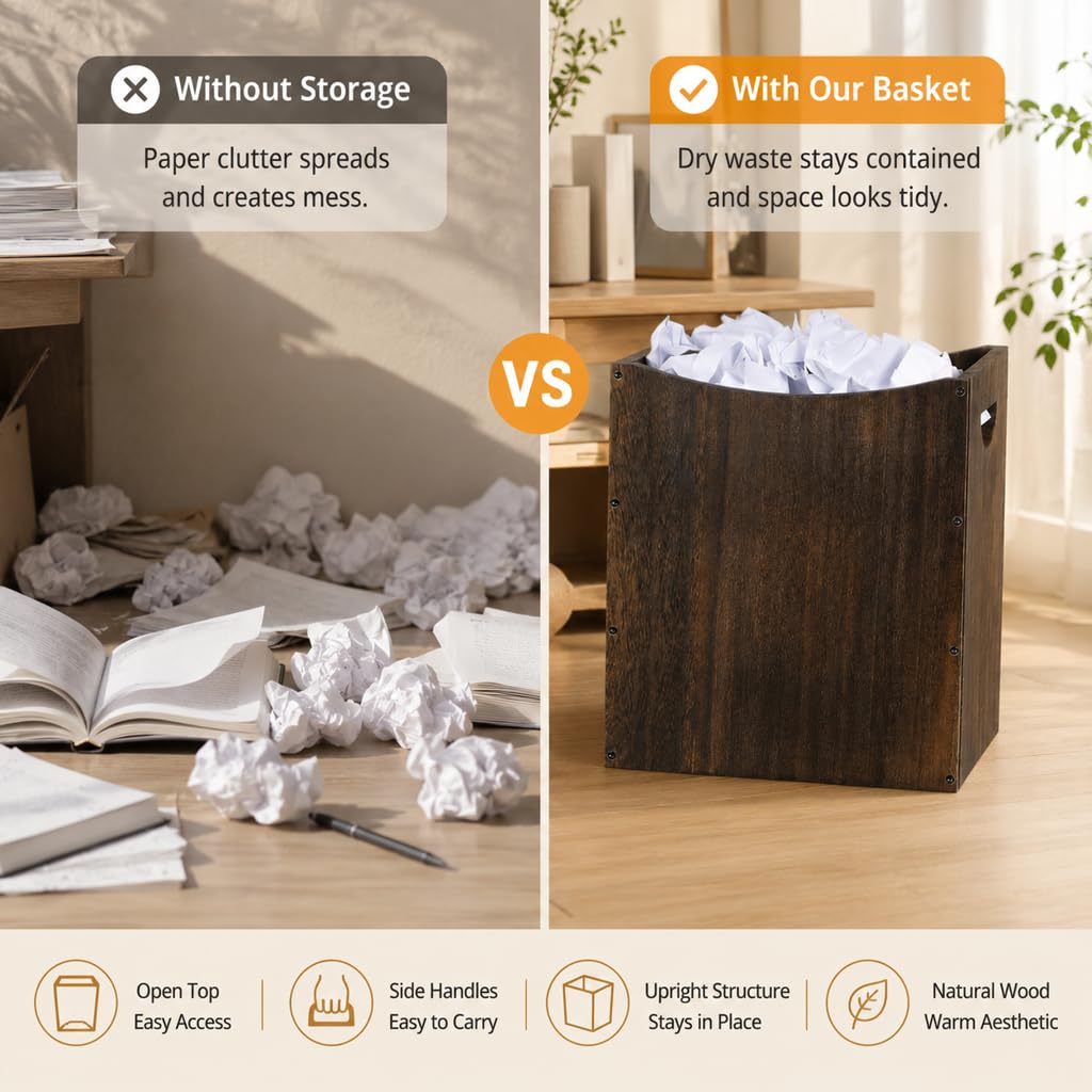 Wood Trash Can 5.3 Gallon Office Wastebasket Farmhouse Rectangular Garbage Can with Built