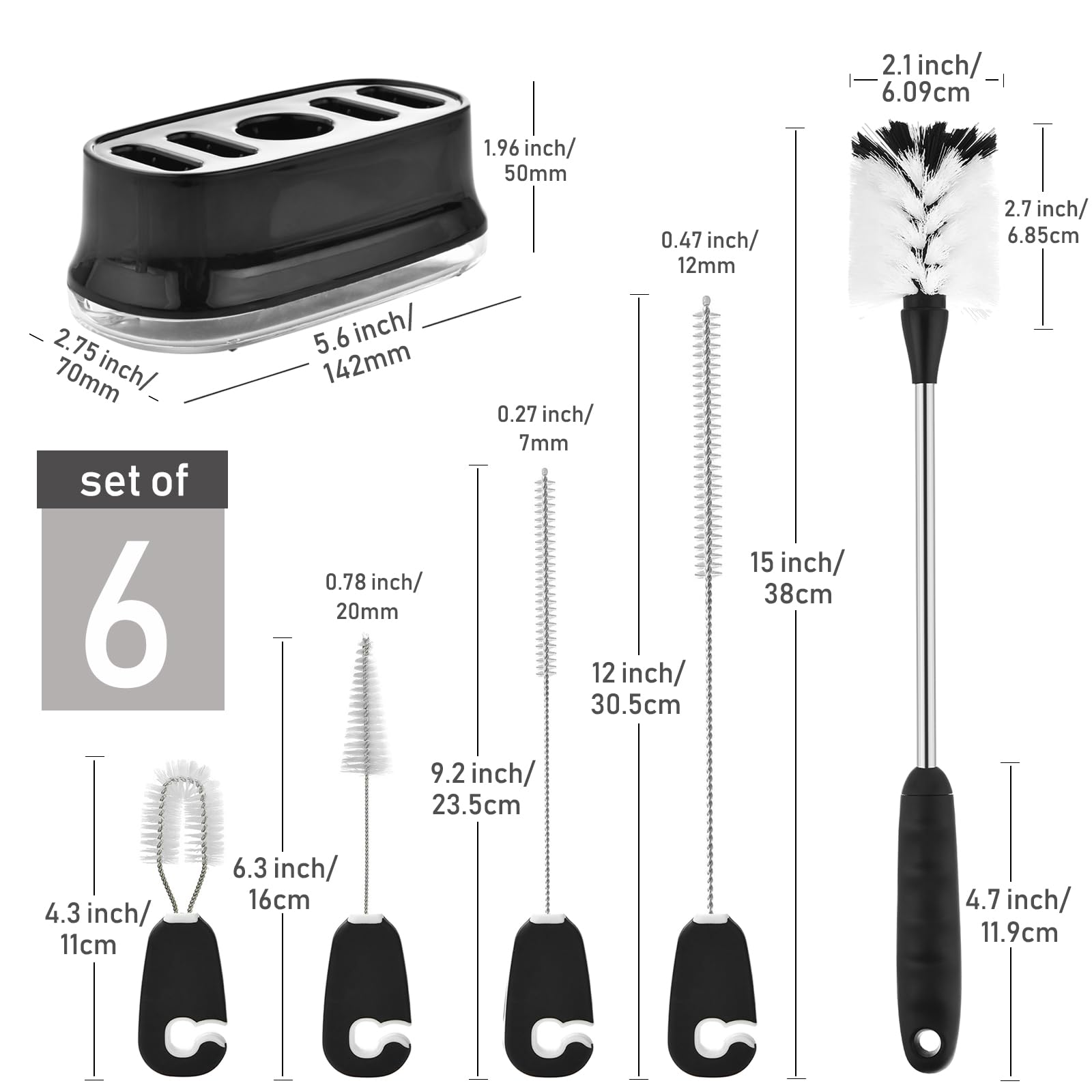 5 Pack Bottle Brush Cleaning Set with Holder