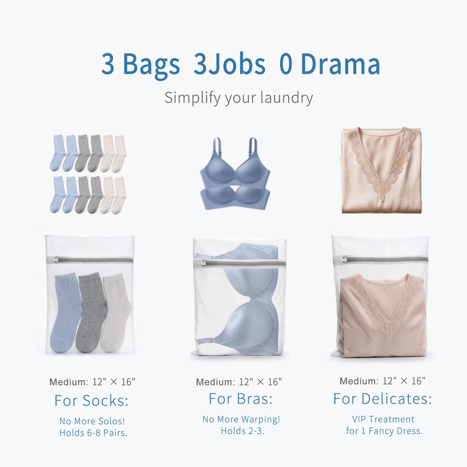 3Pcs Durable Fine Mesh Laundry Bags for Delicates 12 x 16 Inches (3 Count)
